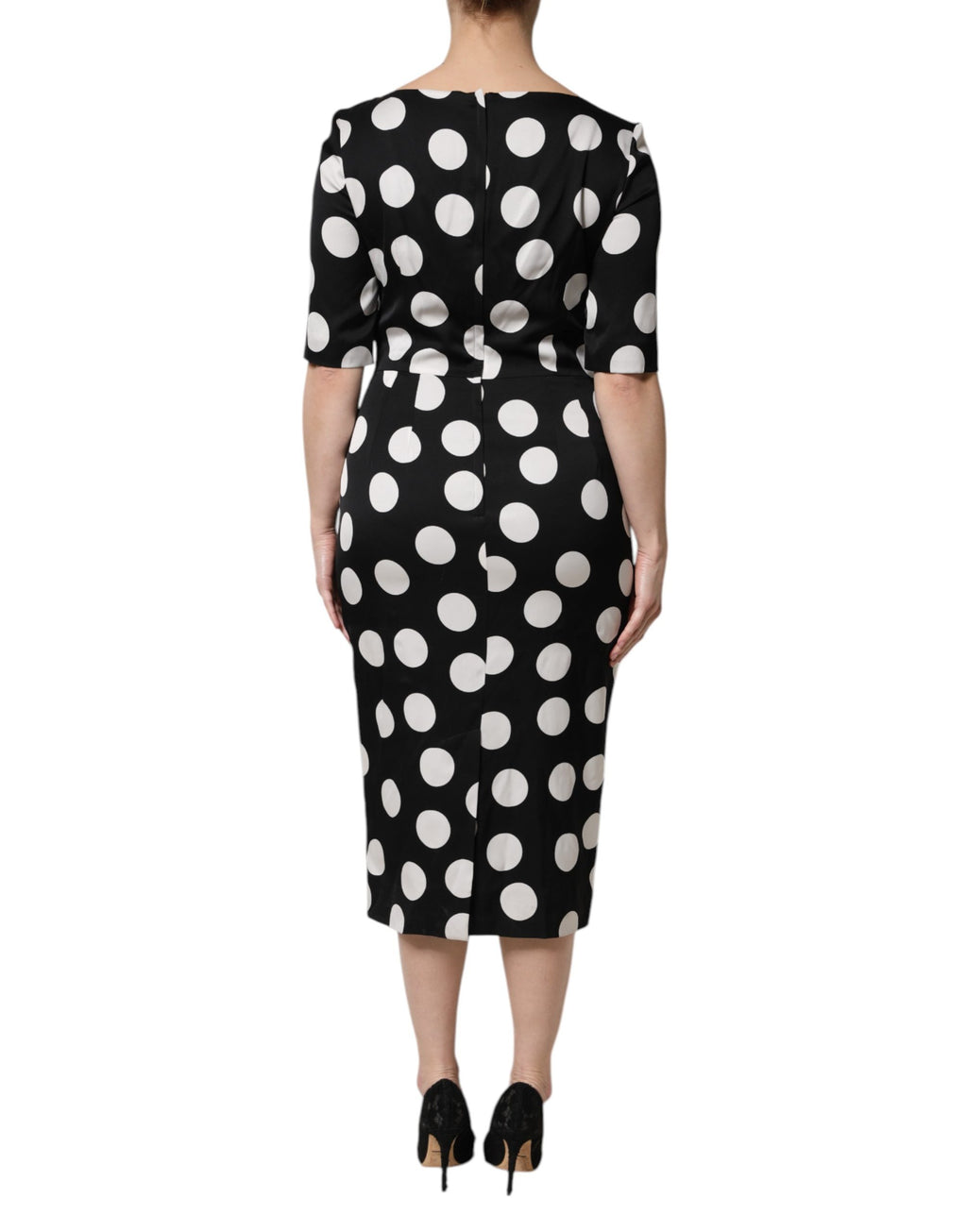 Dolce & Gabbana Schwarzes Seiden-Etui-Midikleid mit weißen Polka Dots