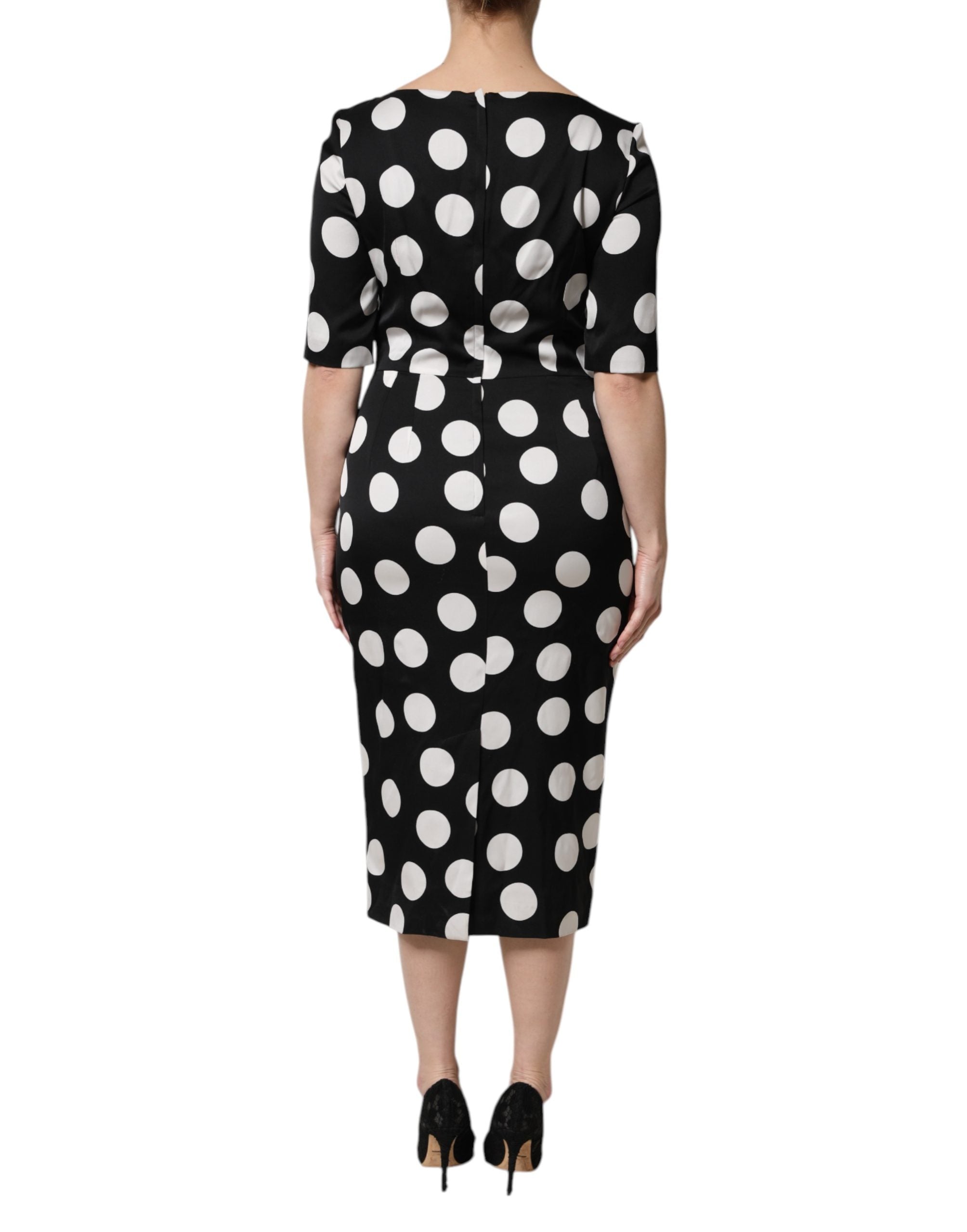 Dolce & Gabbana Schwarzes Seiden-Etui-Midikleid mit weißen Polka Dots