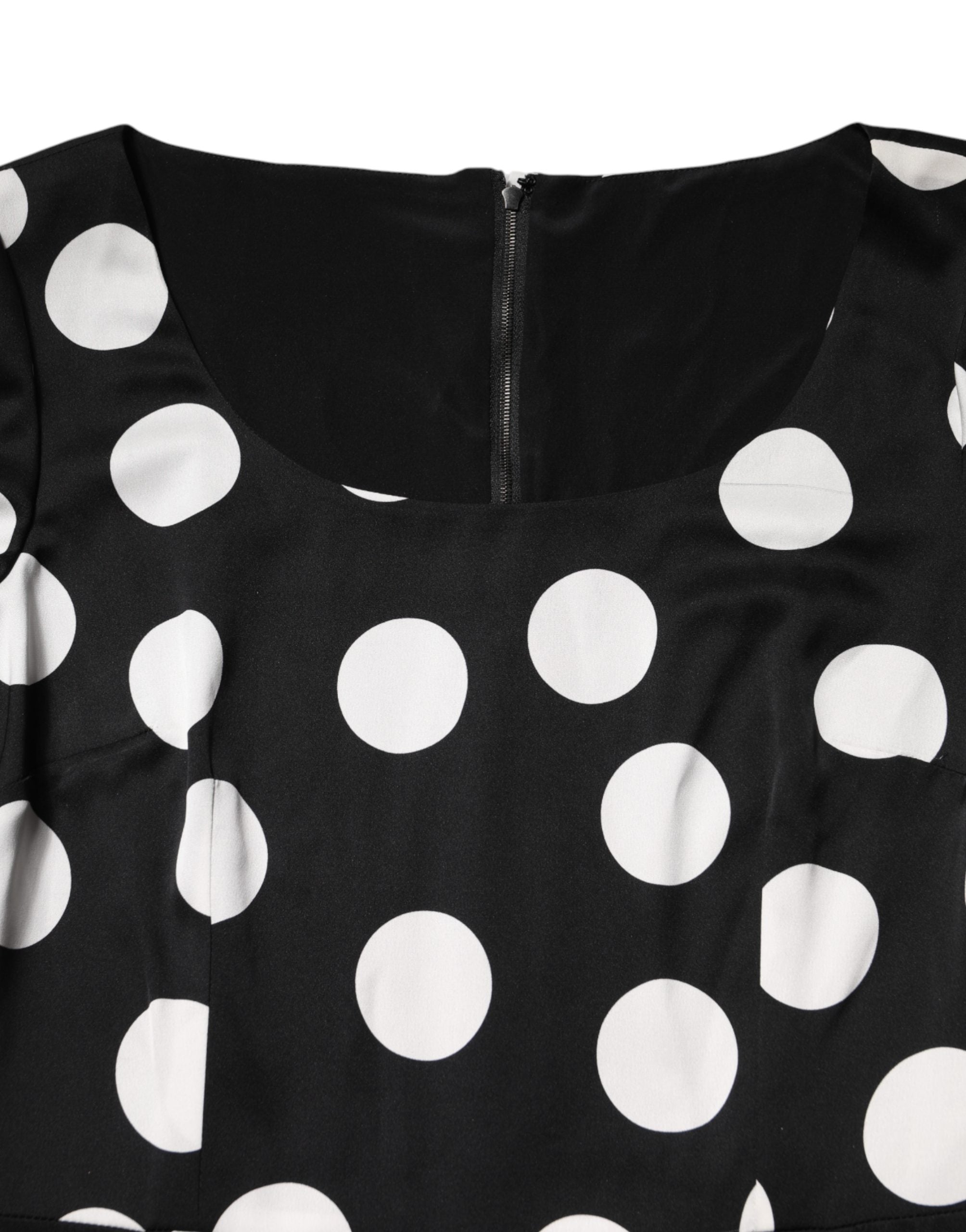 Dolce & Gabbana Schwarzes Seiden-Etui-Midikleid mit weißen Polka Dots