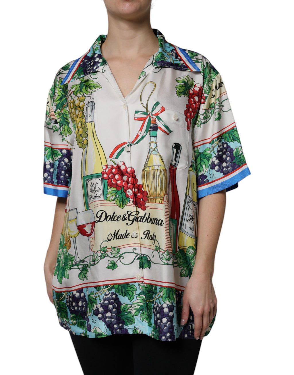 Dolce & Gabbana Short-Sleeved Silk Top with Multicolor Food Print