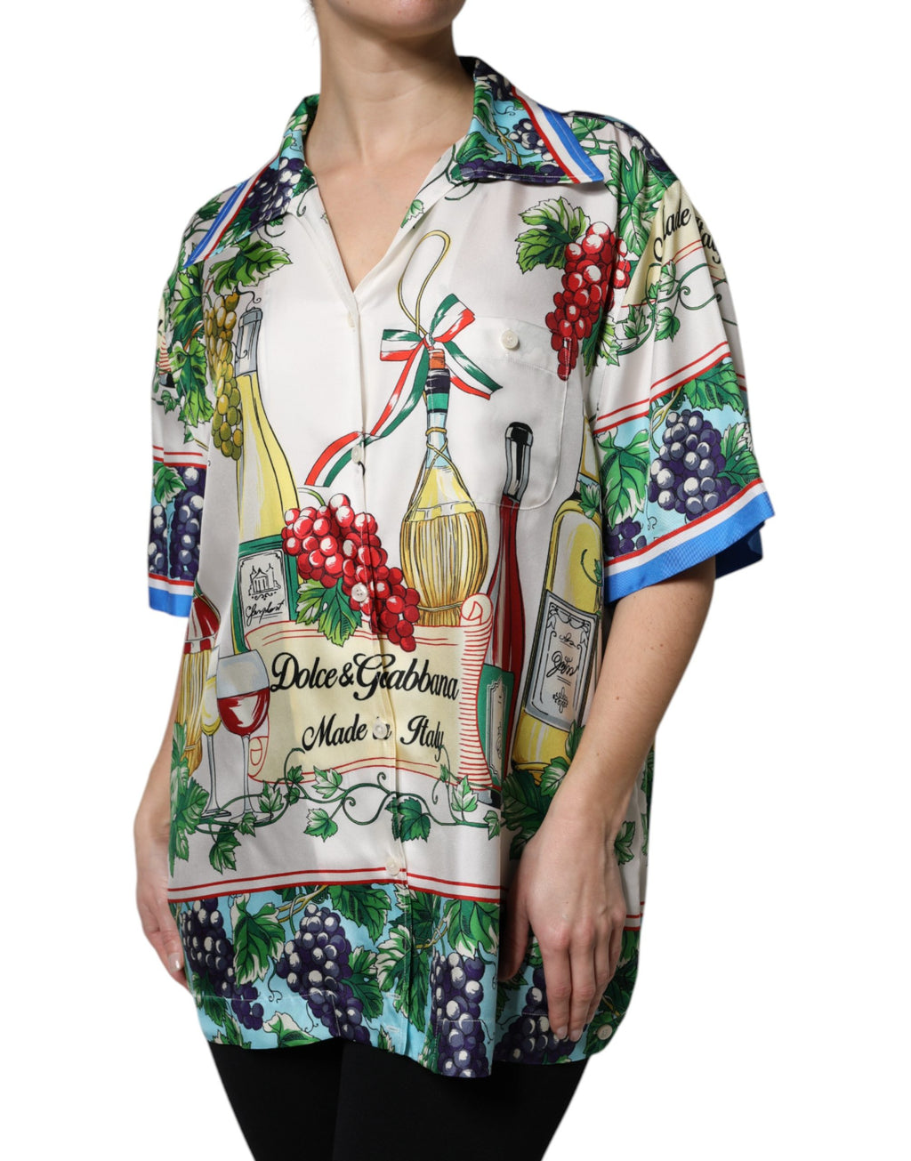 Dolce & Gabbana Short-Sleeved Silk Top with Multicolor Food Print