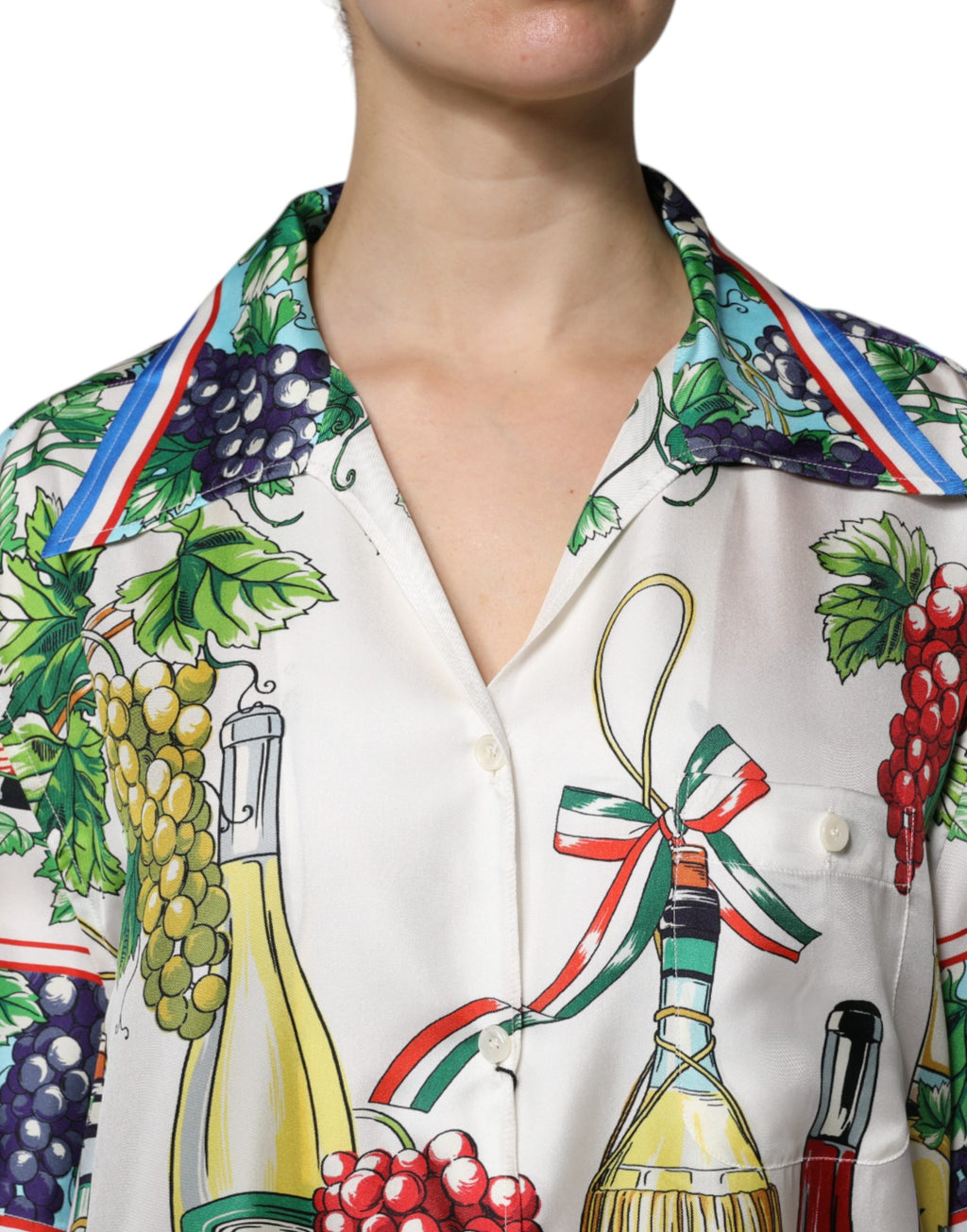 Dolce & Gabbana Short-Sleeved Silk Top with Multicolor Food Print