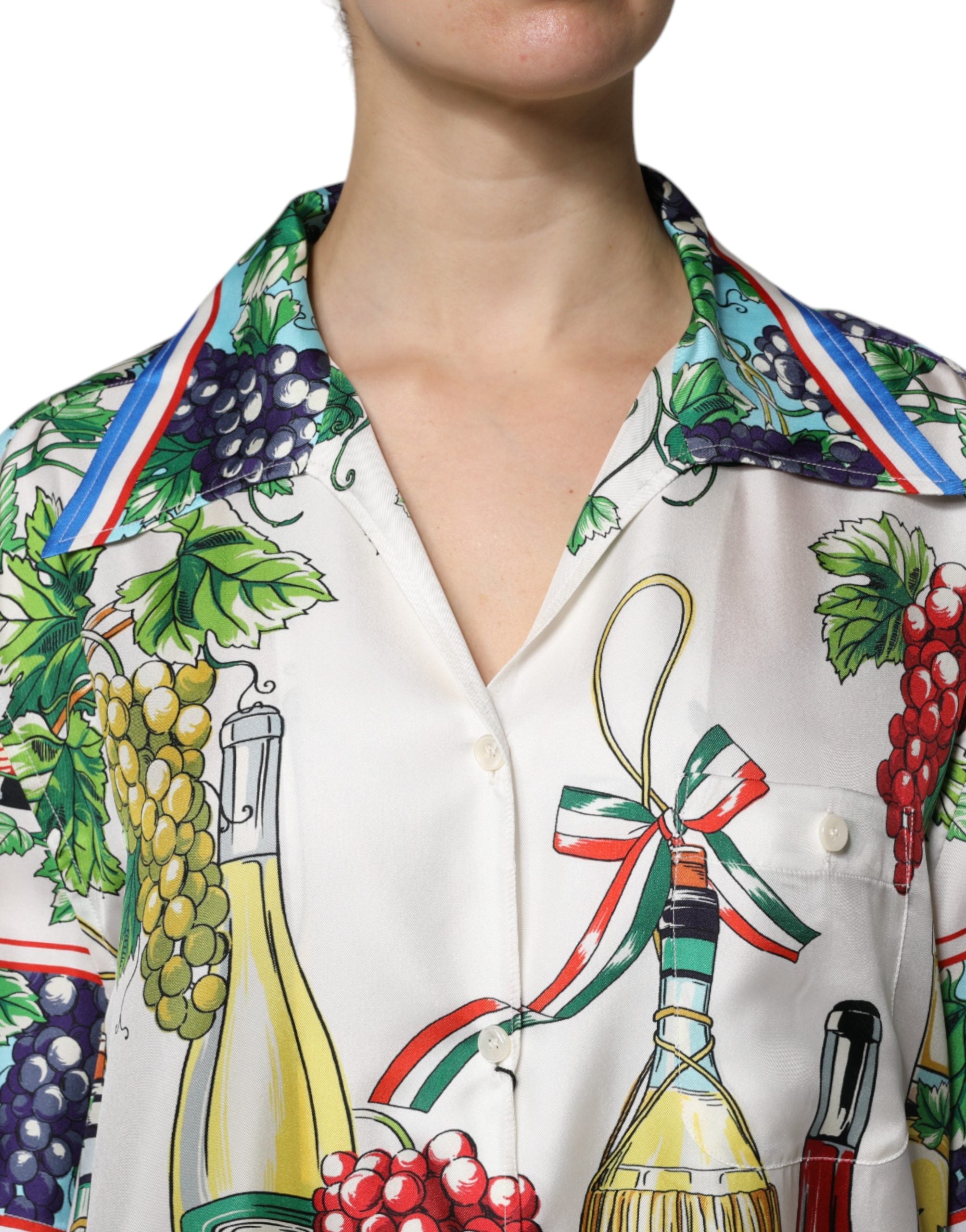 Dolce & Gabbana Short-Sleeved Silk Top with Multicolor Food Print