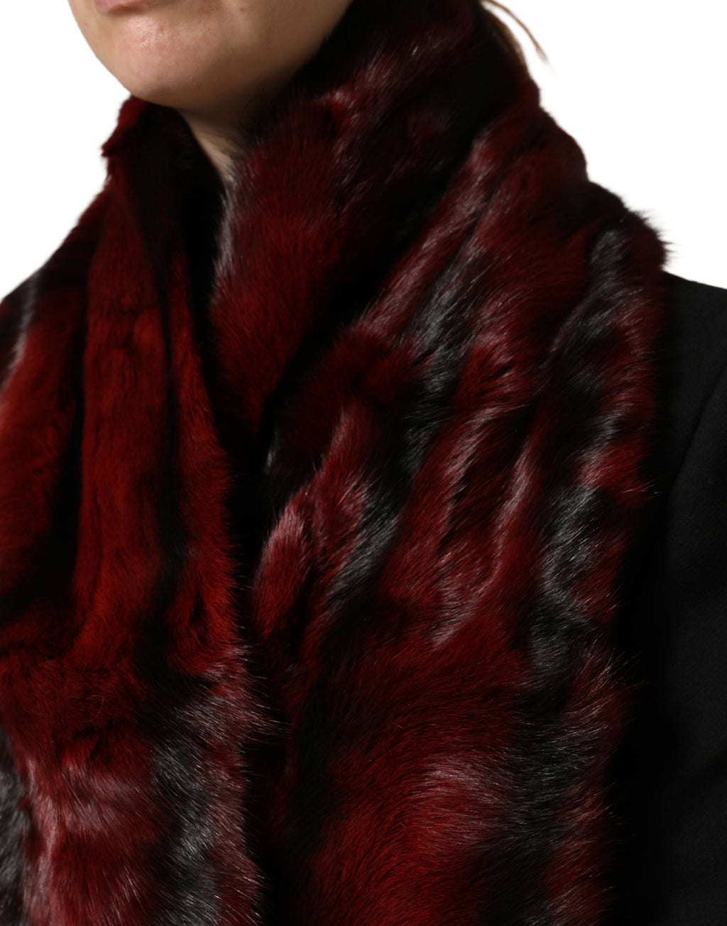 Dolce & Gabbana Black Red Striped Fur Scarf Neck Wrap Shawl