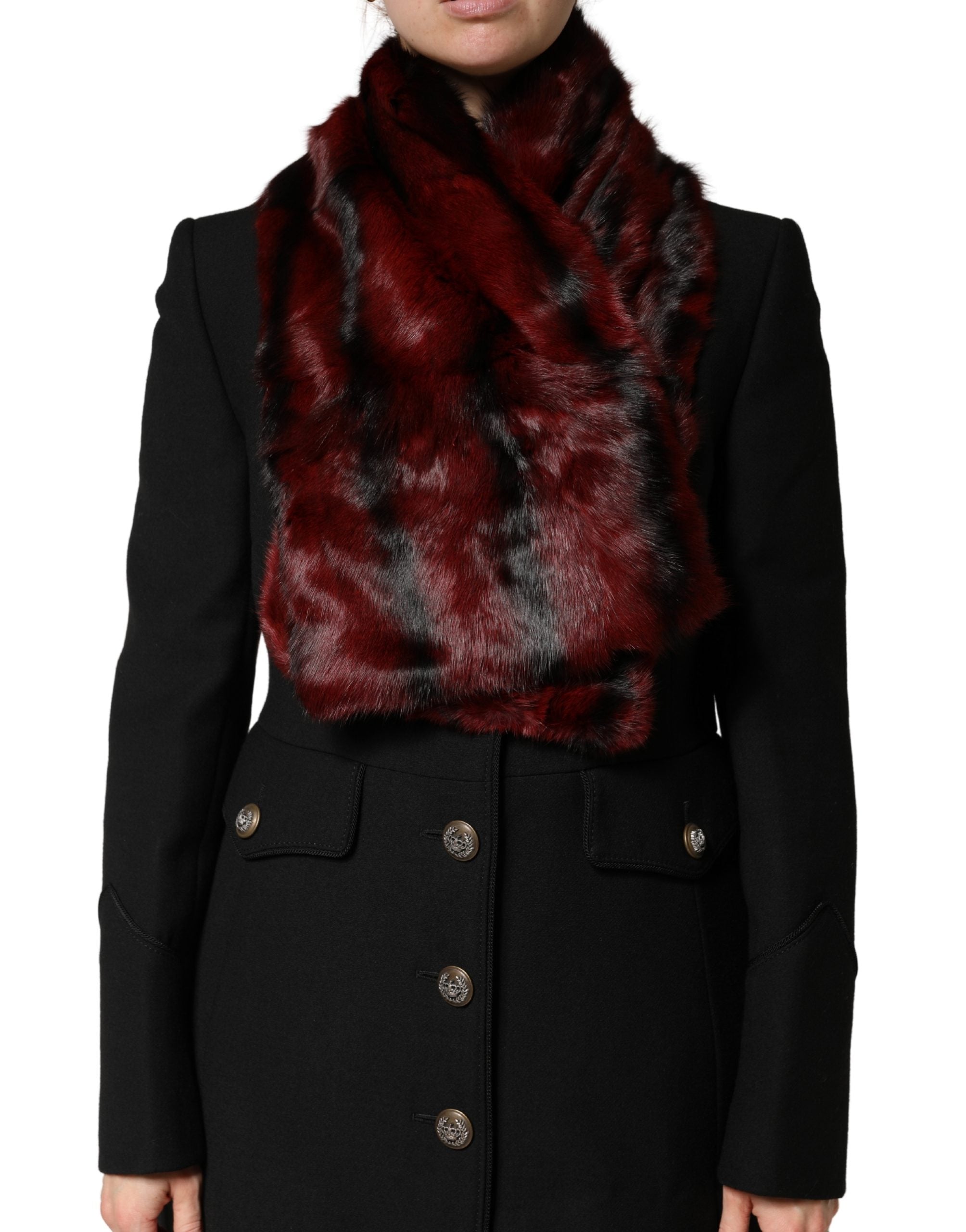 Dolce & Gabbana Black Red Striped Fur Scarf Neck Wrap Shawl