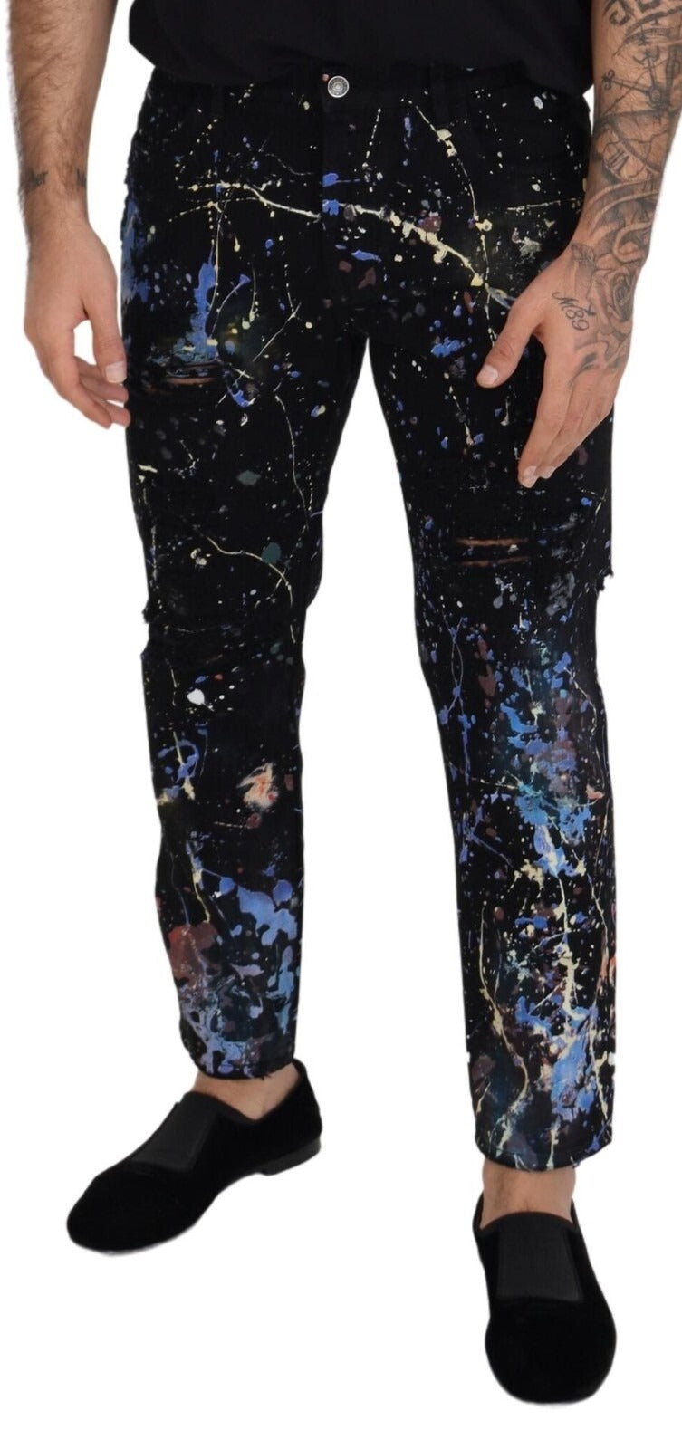 Dolce & Gabbana Black cotton jeans with paint-splatter print