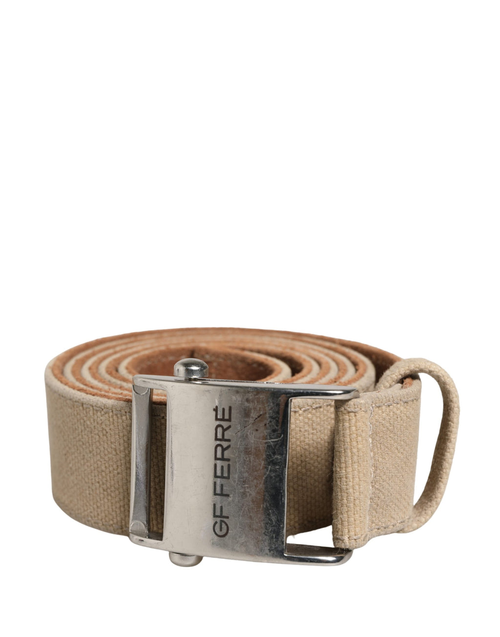 GF Ferre Men's Belt in Beige Canvas with Silver Metal Buckle