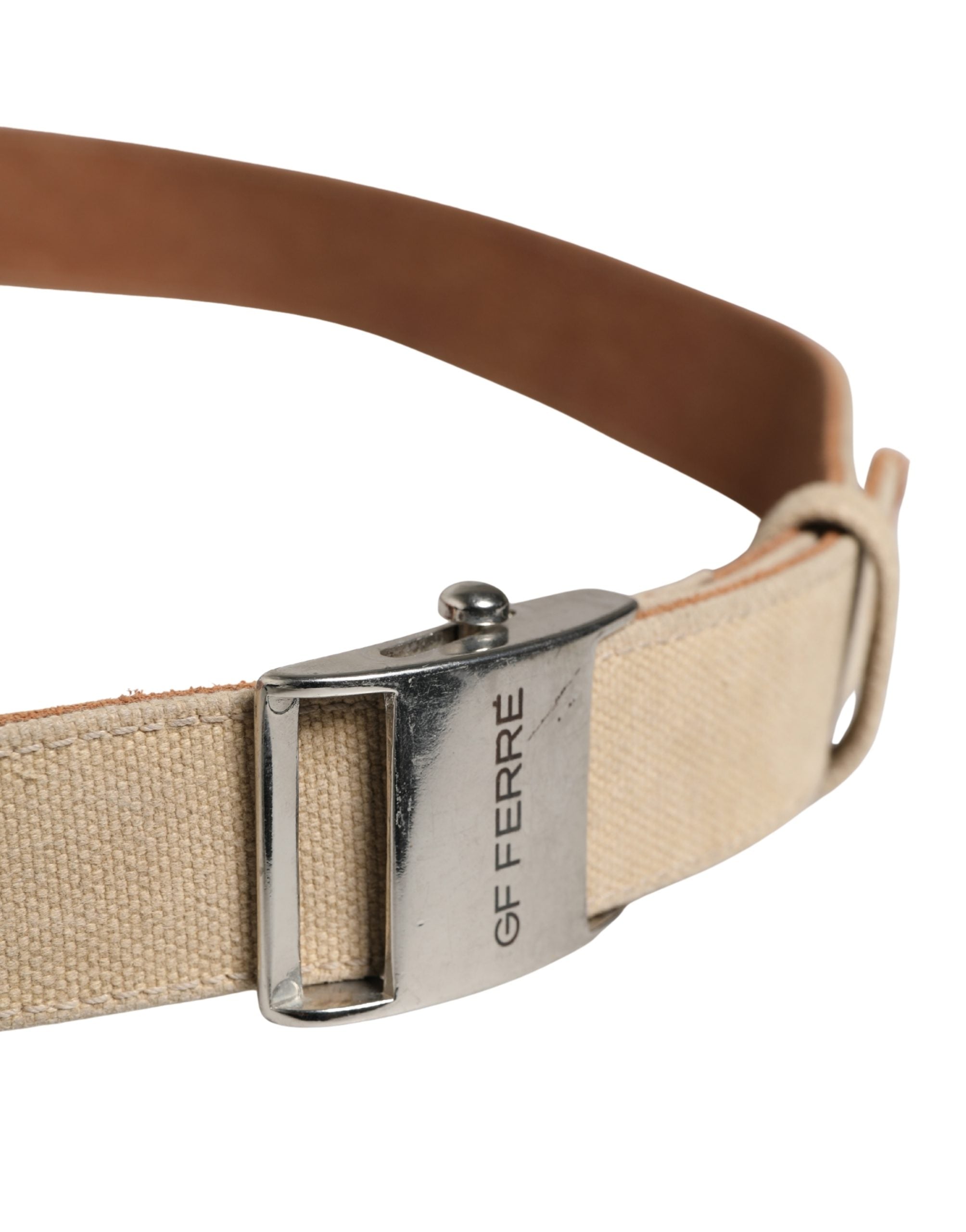 GF Ferre Men's Belt in Beige Canvas with Silver Metal Buckle