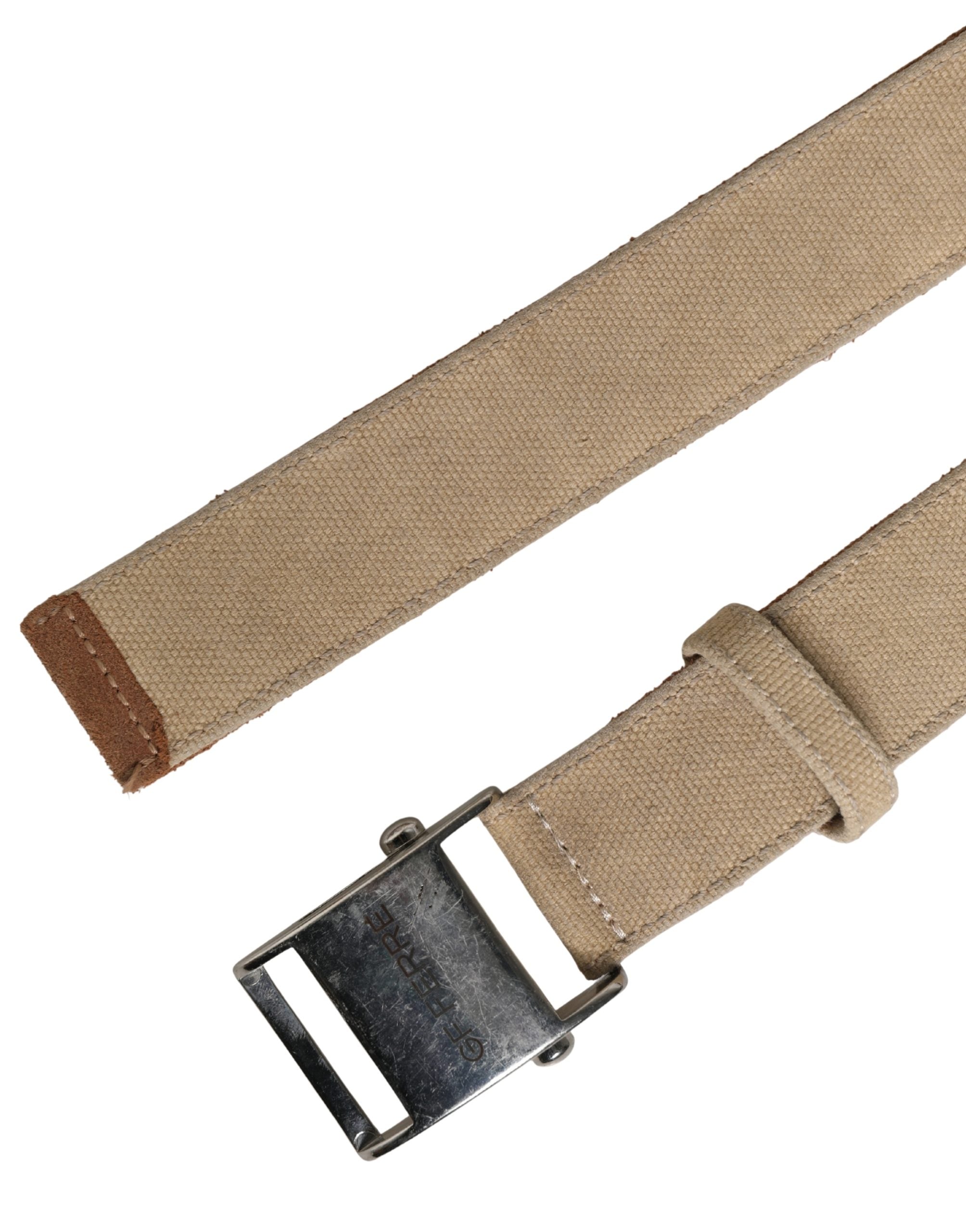 GF Ferre Men's Belt in Beige Canvas with Silver Metal Buckle