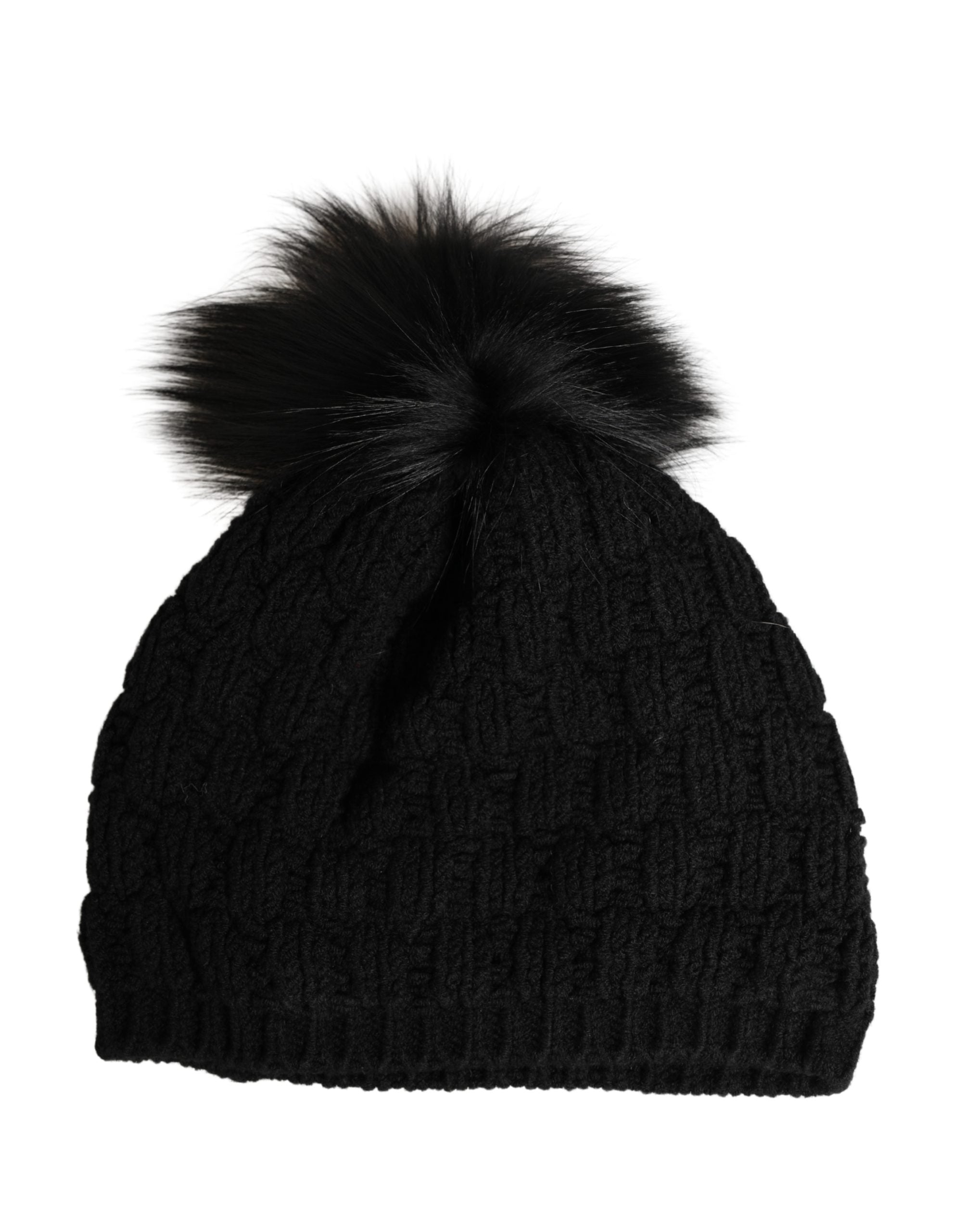 Dolce & Gabbana Schwarze Strickmütze aus Acryl mit Pelzbesatz