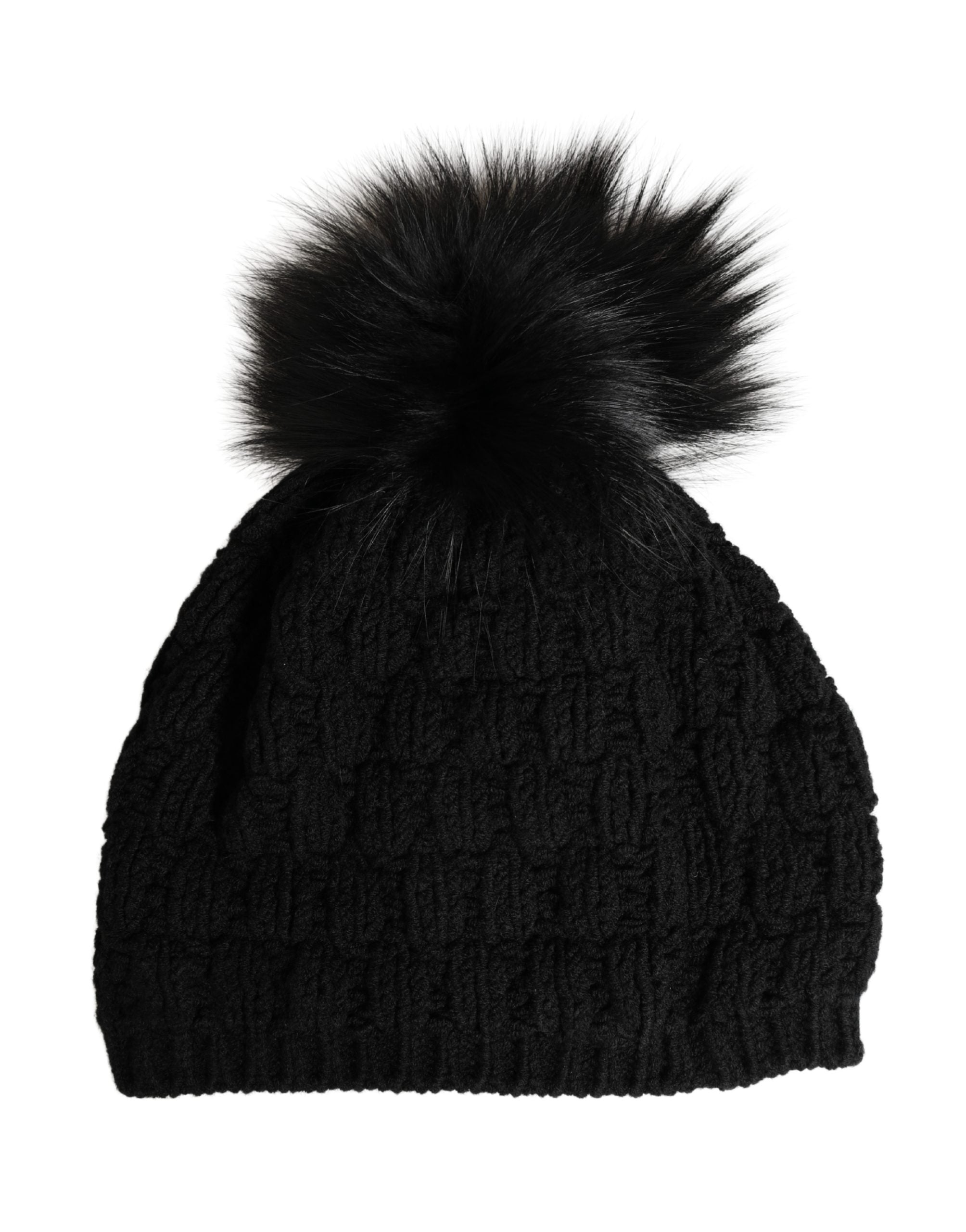 Dolce & Gabbana Schwarze Strickmütze aus Acryl mit Pelzbesatz