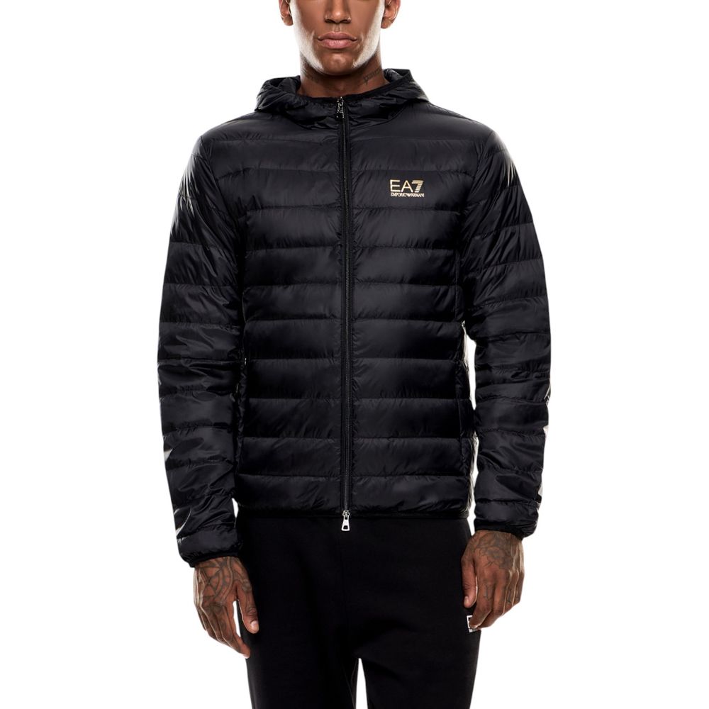 EA7 Emporio Armani Zweifarbige Polyamid-Steppjacke in voller Länge