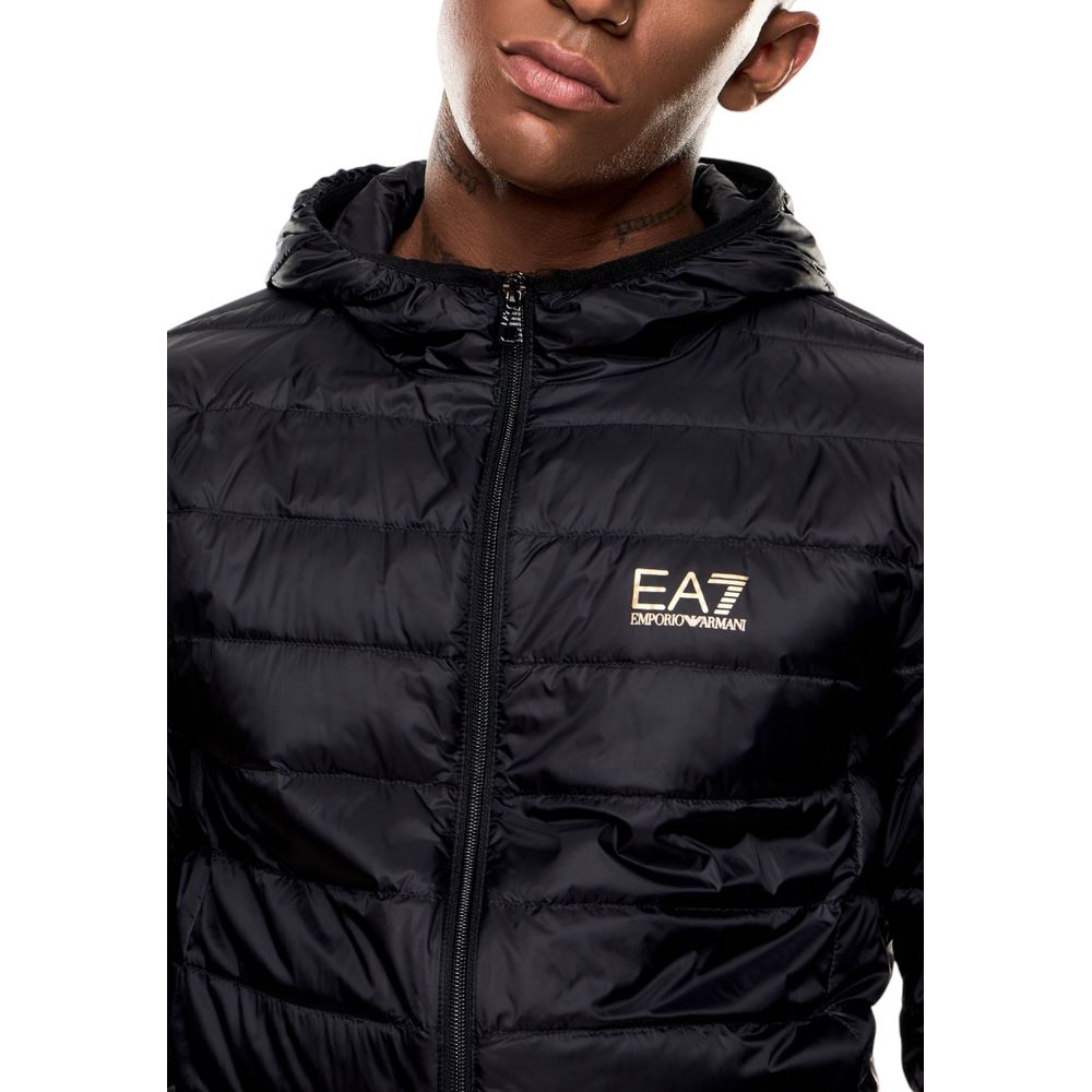 EA7 Emporio Armani Zweifarbige Polyamid-Steppjacke in voller Länge