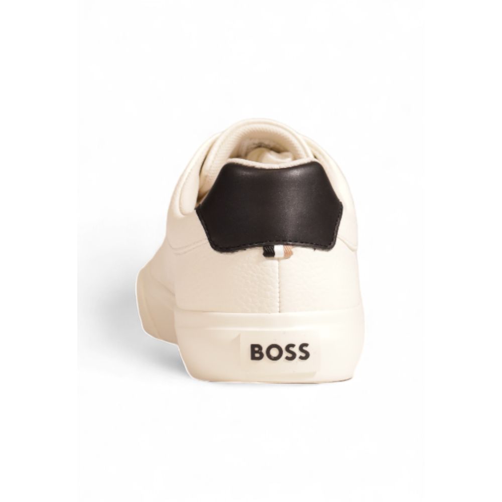 Hugo Boss Cremefarbene Leder-Sneaker mit niedrigem Schaft
