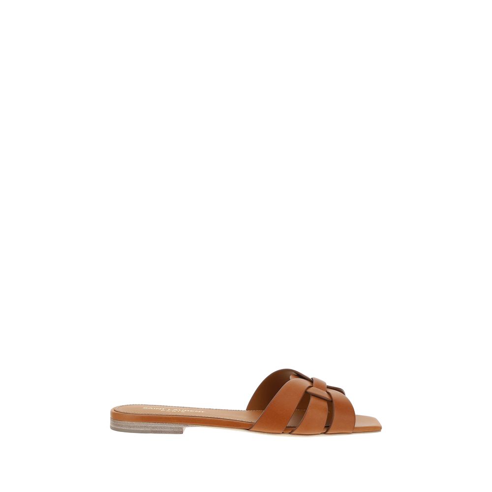 Saint Laurent Braune Kalbsleder Bos Taurus Flache Sandalen