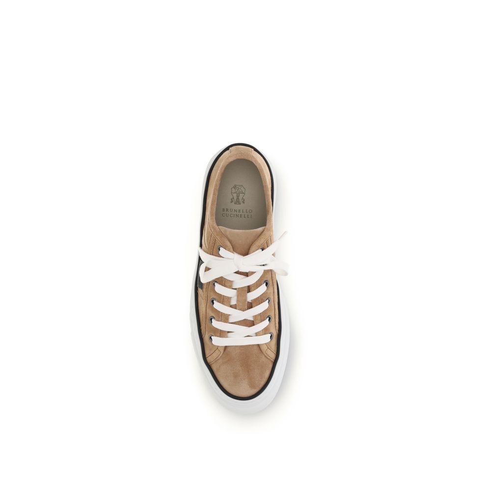 Brunello Cucinelli Beige Calf Leather Bos Taurus Low Top Sneakers