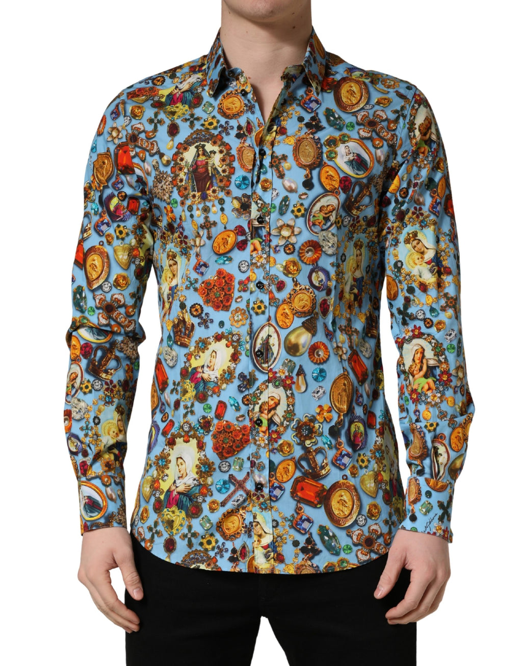 Dolce & Gabbana Blue Cotton Shirt with Jewel Print and GOLD Button Placket