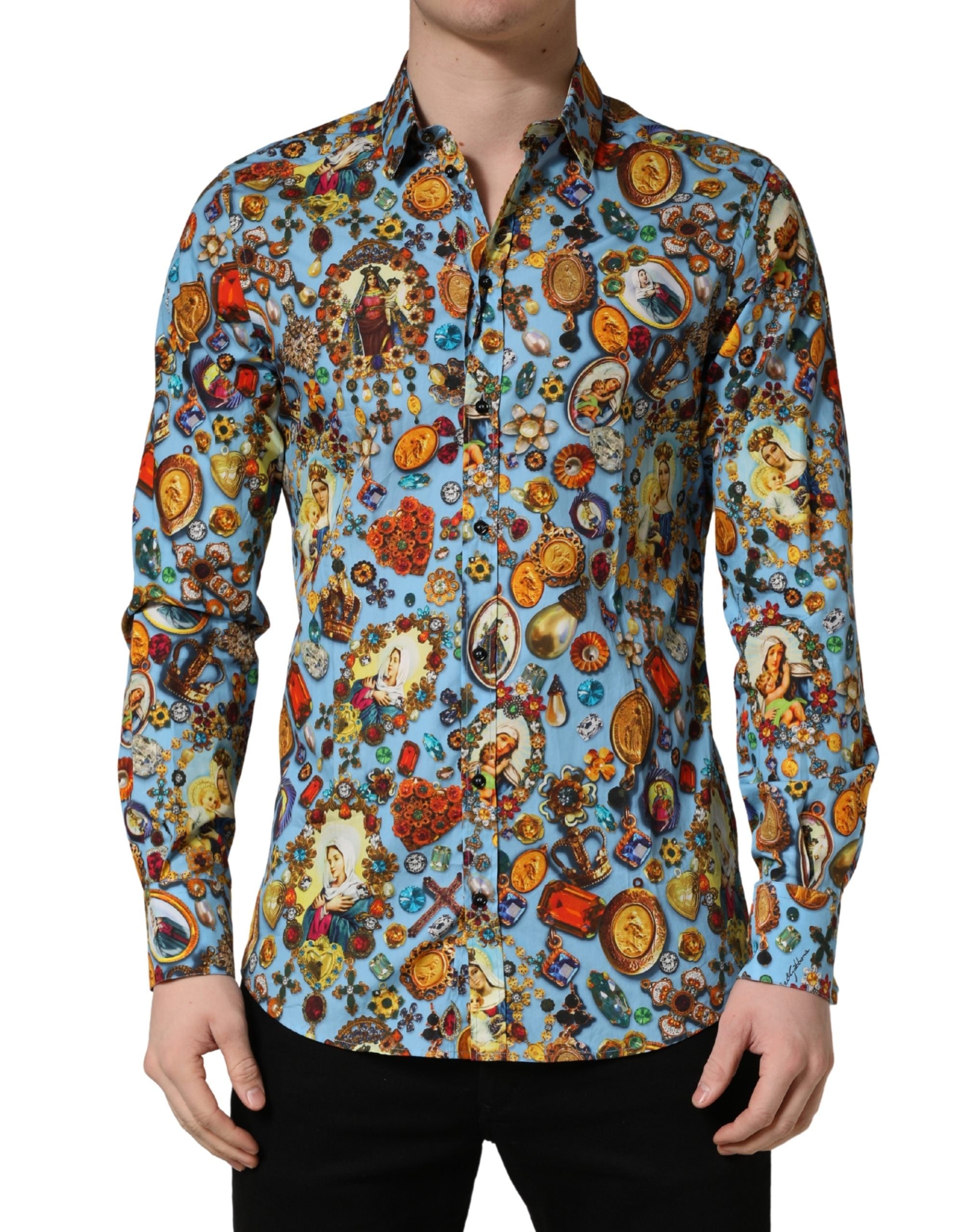 Dolce & Gabbana Blue Cotton Shirt with Jewel Print and GOLD Button Placket