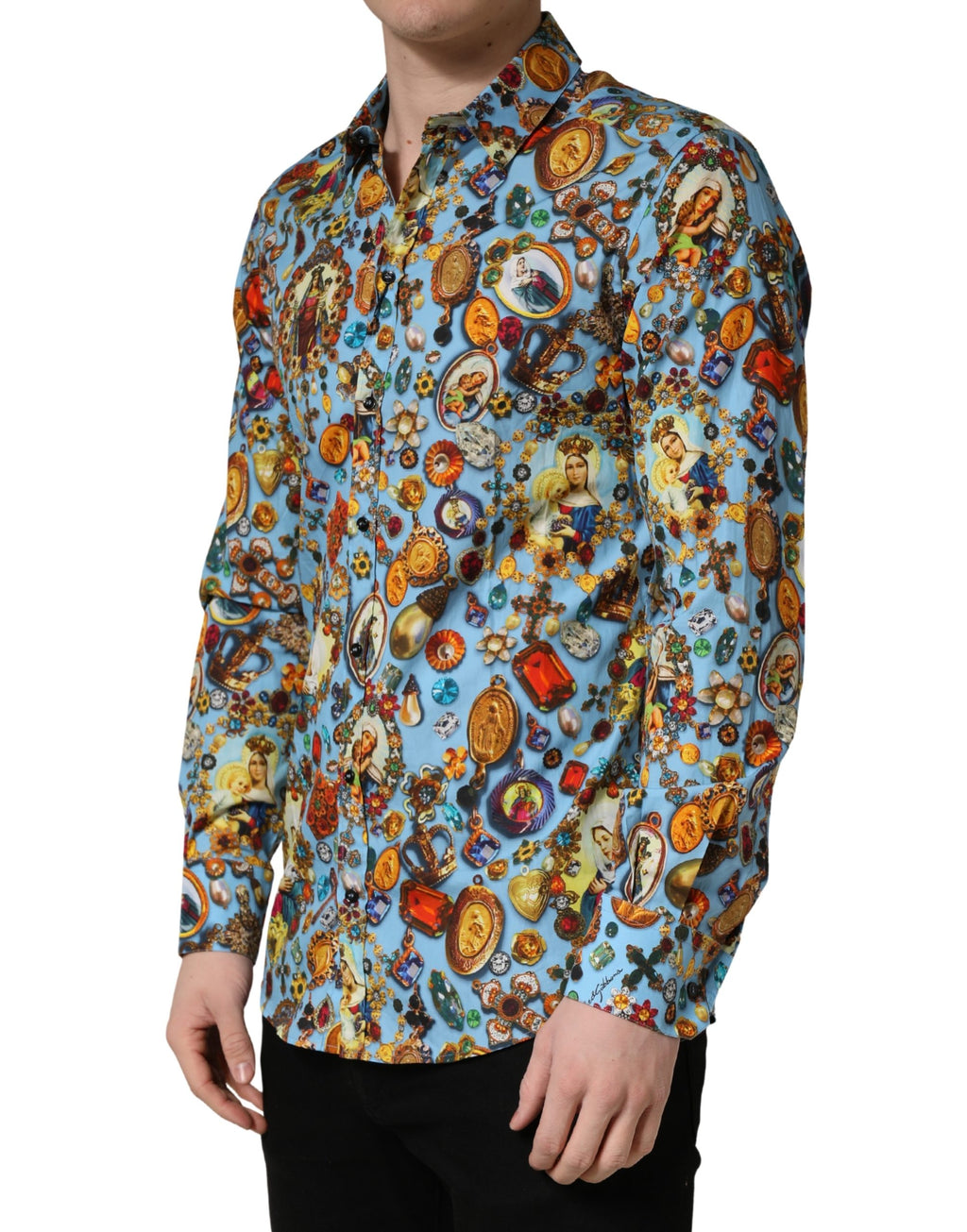 Dolce & Gabbana Blue Cotton Shirt with Jewel Print and GOLD Button Placket