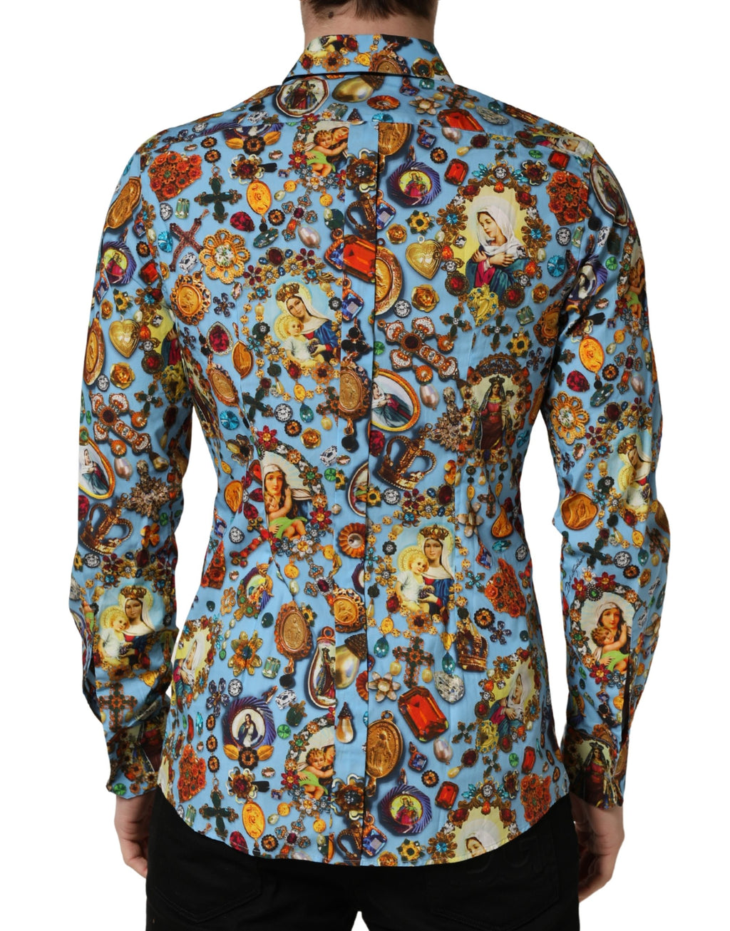 Dolce & Gabbana Blue Cotton Shirt with Jewel Print and GOLD Button Placket