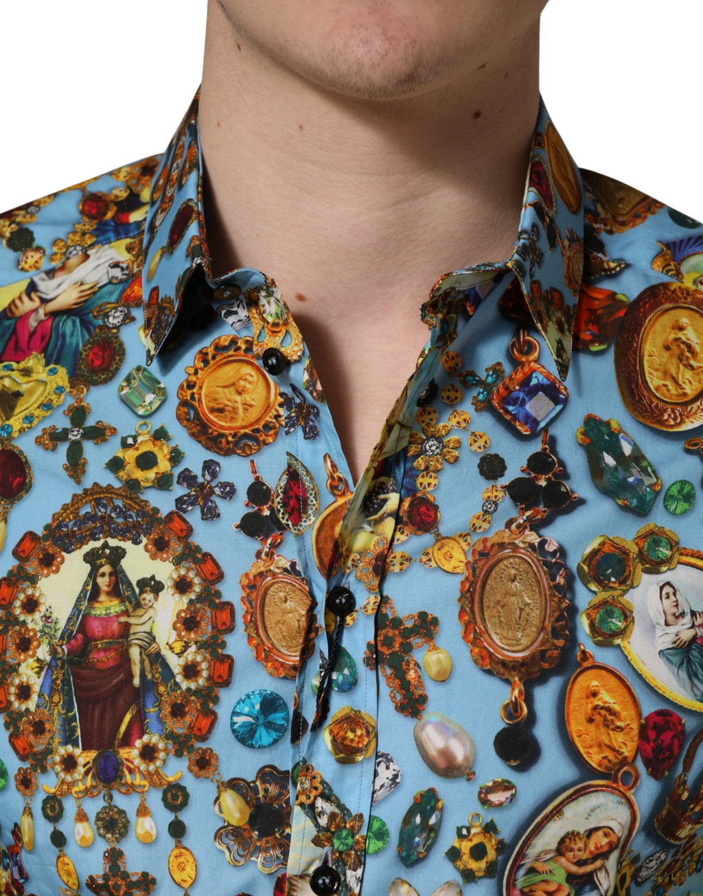 Dolce & Gabbana Blue Cotton Shirt with Jewel Print and GOLD Button Placket