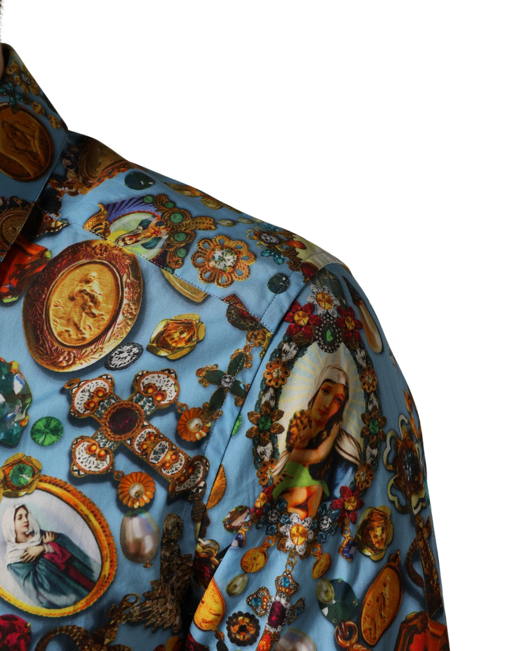 Dolce & Gabbana Blue Cotton Shirt with Jewel Print and GOLD Button Placket