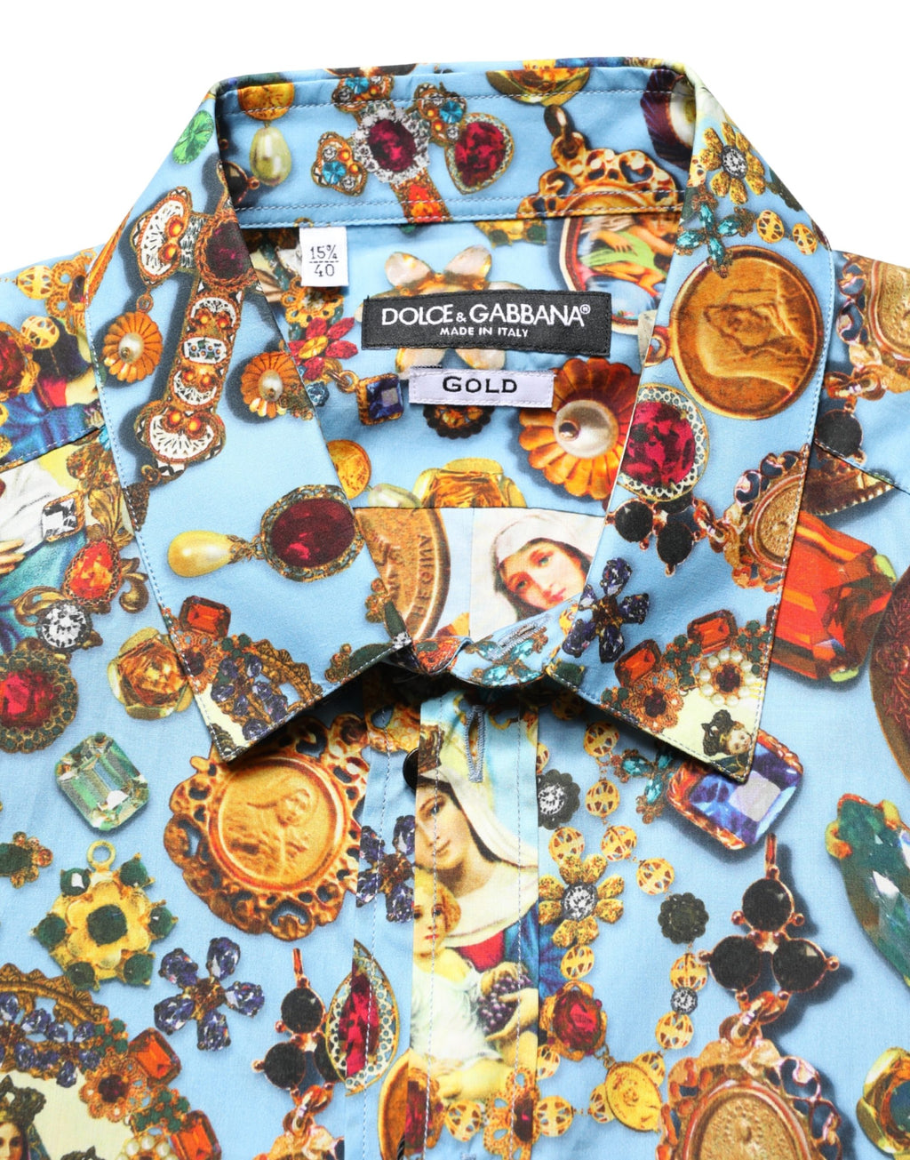 Dolce & Gabbana Blue Cotton Shirt with Jewel Print and GOLD Button Placket