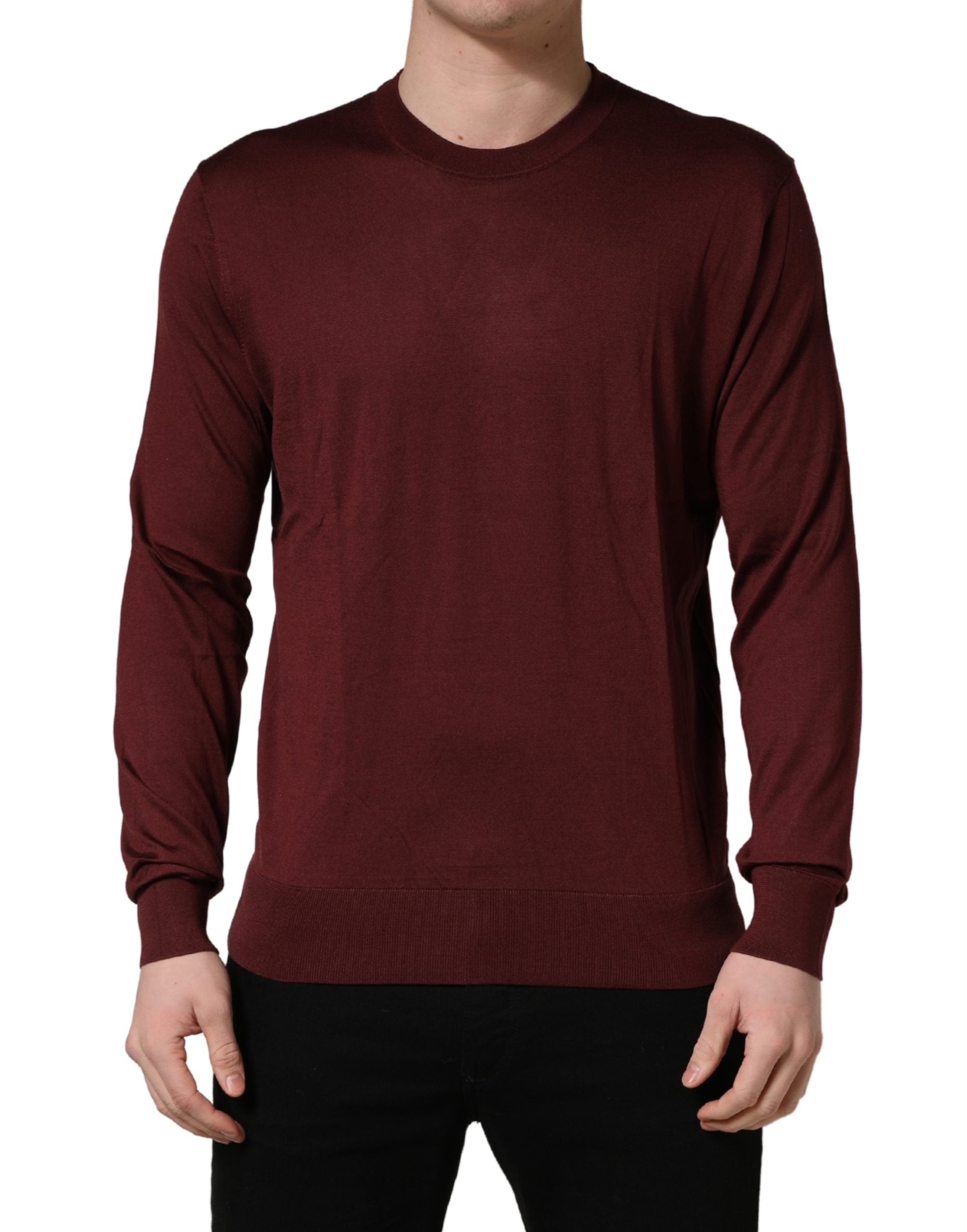 Dolce & Gabbana Maroon Silk Men's Crew Neck Pullover Sweater