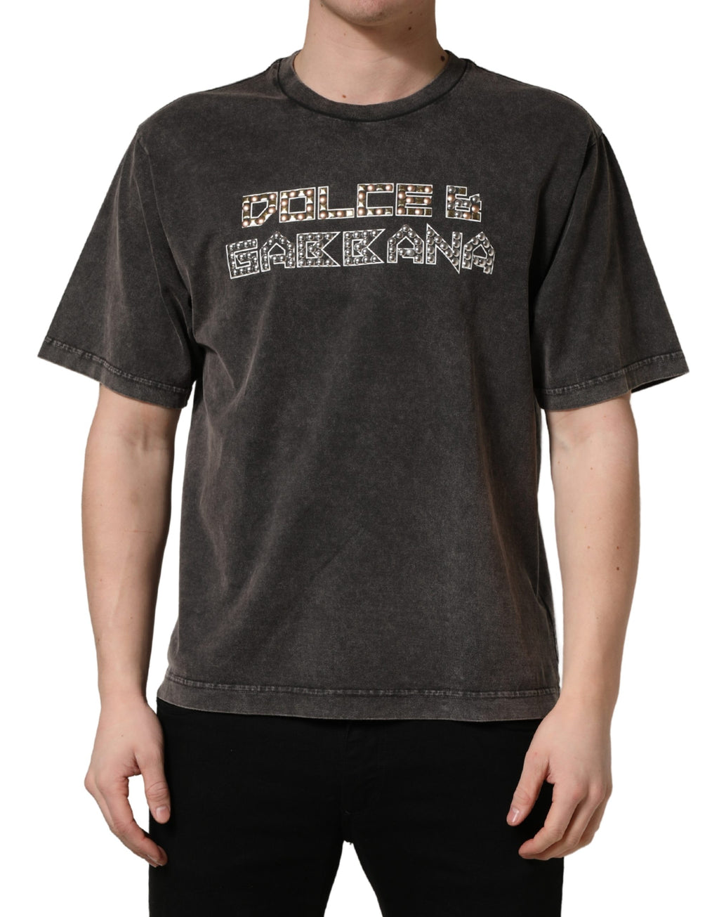Dolce & Gabbana Graues Herren-T-Shirt mit Logo-Verzierung und Rundhalsausschnitt