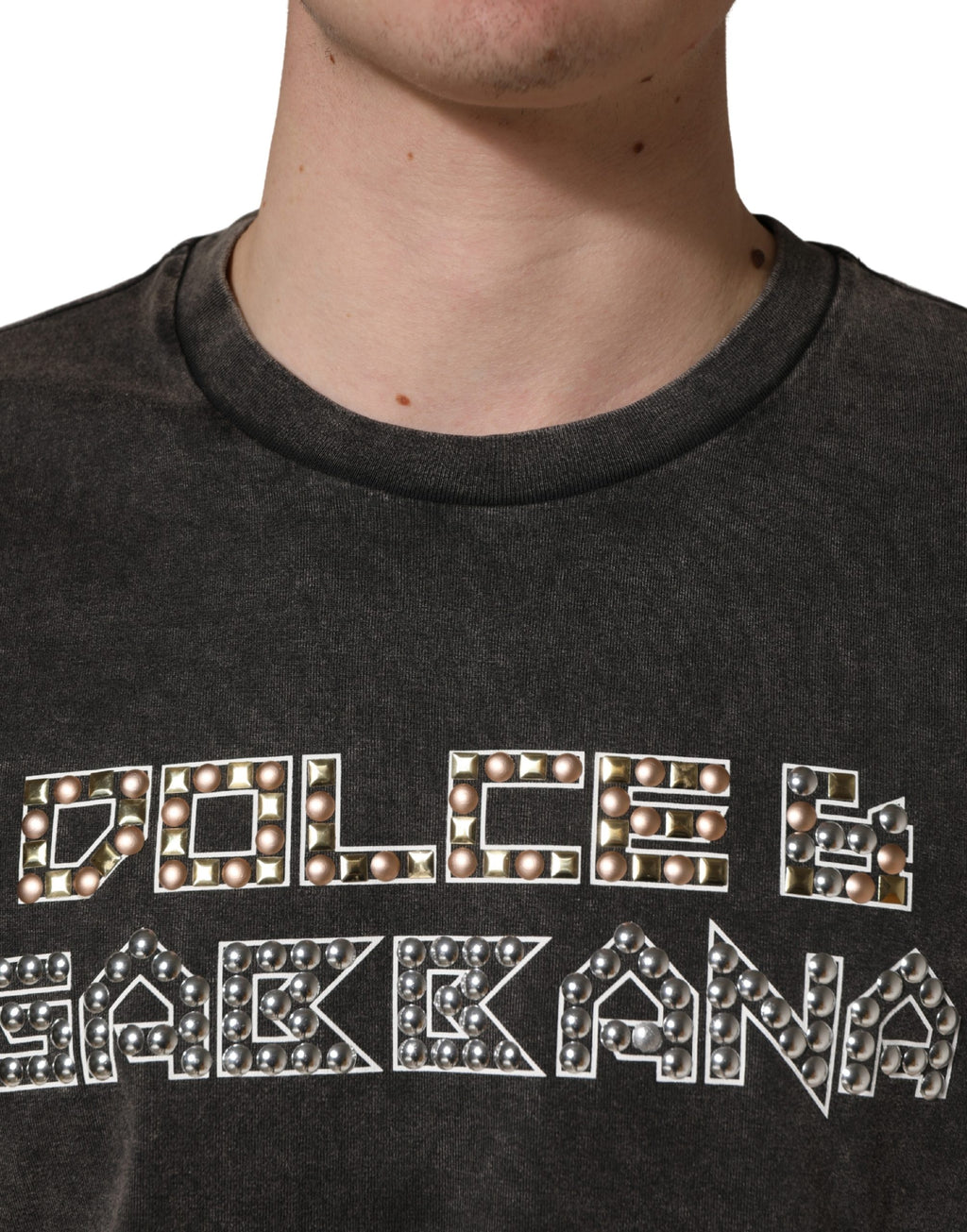 Dolce & Gabbana Graues Herren-T-Shirt mit Logo-Verzierung und Rundhalsausschnitt