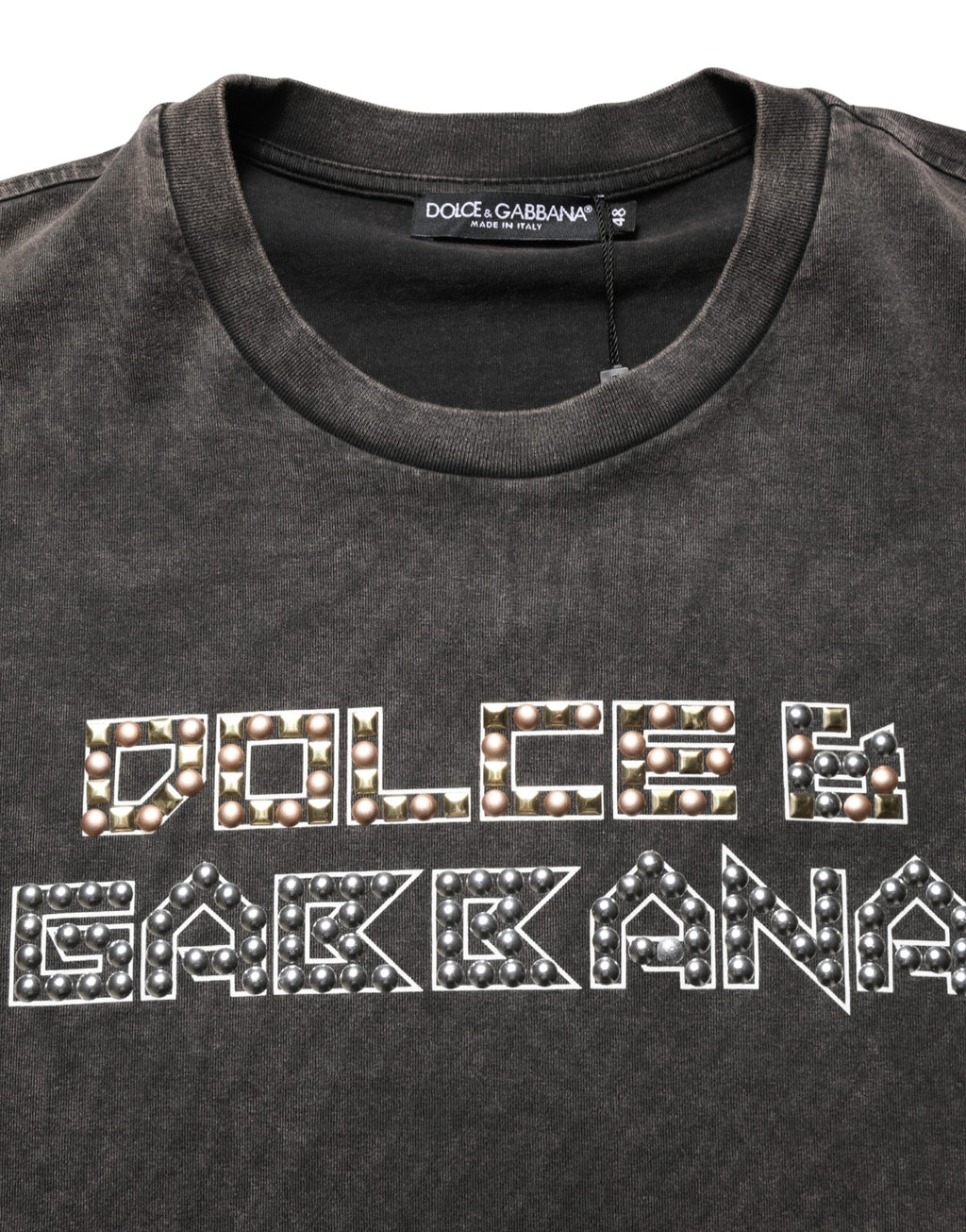 Dolce & Gabbana Graues Herren-T-Shirt mit Logo-Verzierung und Rundhalsausschnitt