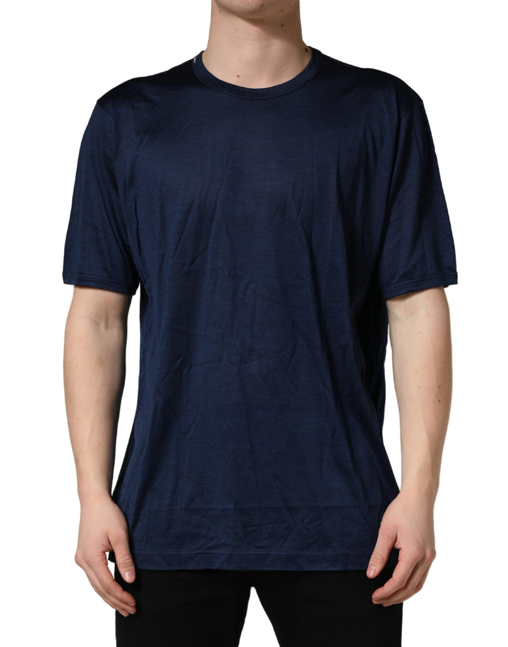 Dolce & Gabbana Dunkelblaues Kurzarm-Rundhals-T-Shirt aus Seide