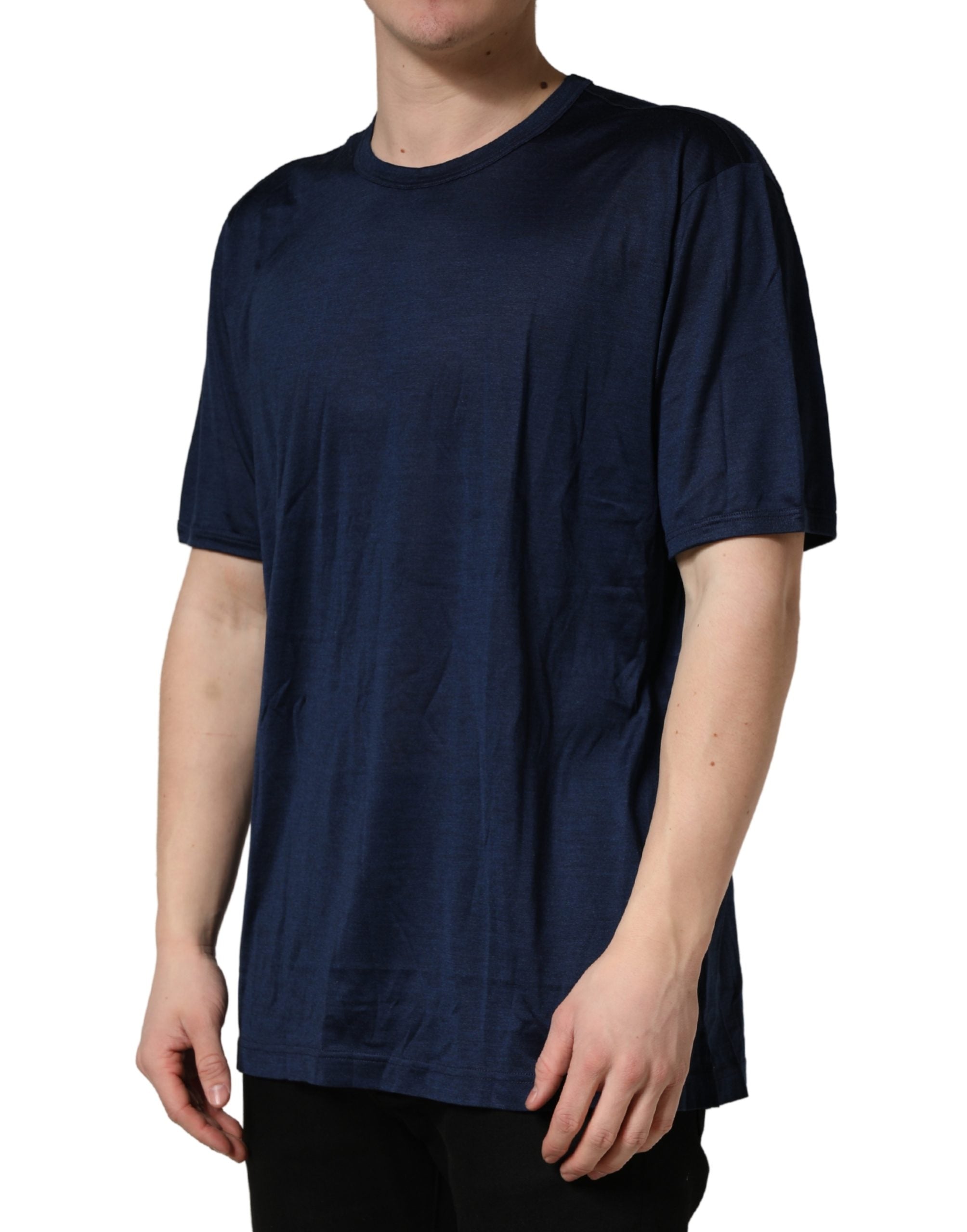 Dolce & Gabbana Dunkelblaues Kurzarm-Rundhals-T-Shirt aus Seide
