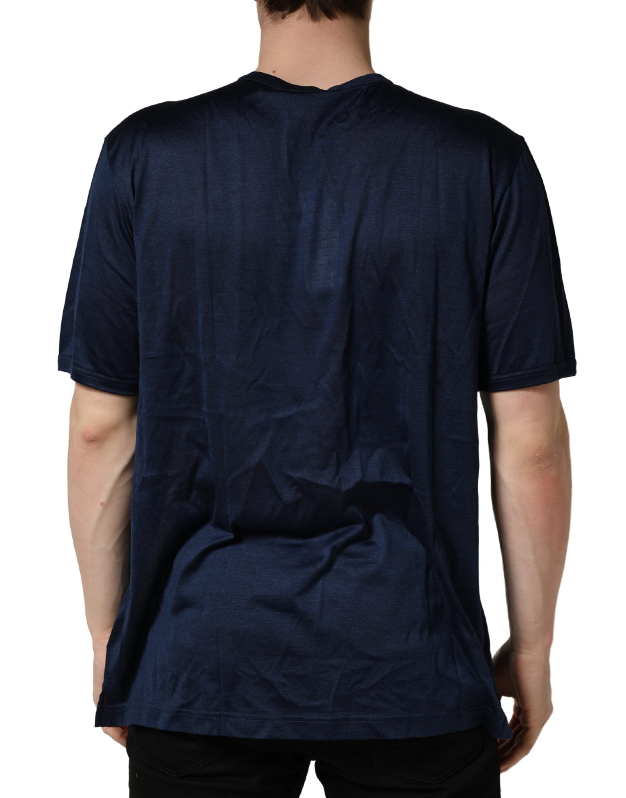 Dolce & Gabbana Dunkelblaues Kurzarm-Rundhals-T-Shirt aus Seide