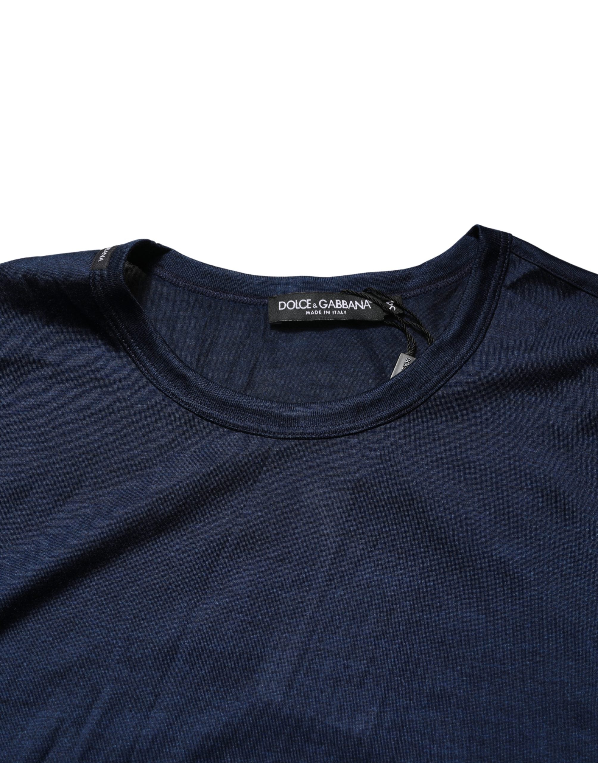 Dolce & Gabbana Dunkelblaues Kurzarm-Rundhals-T-Shirt aus Seide