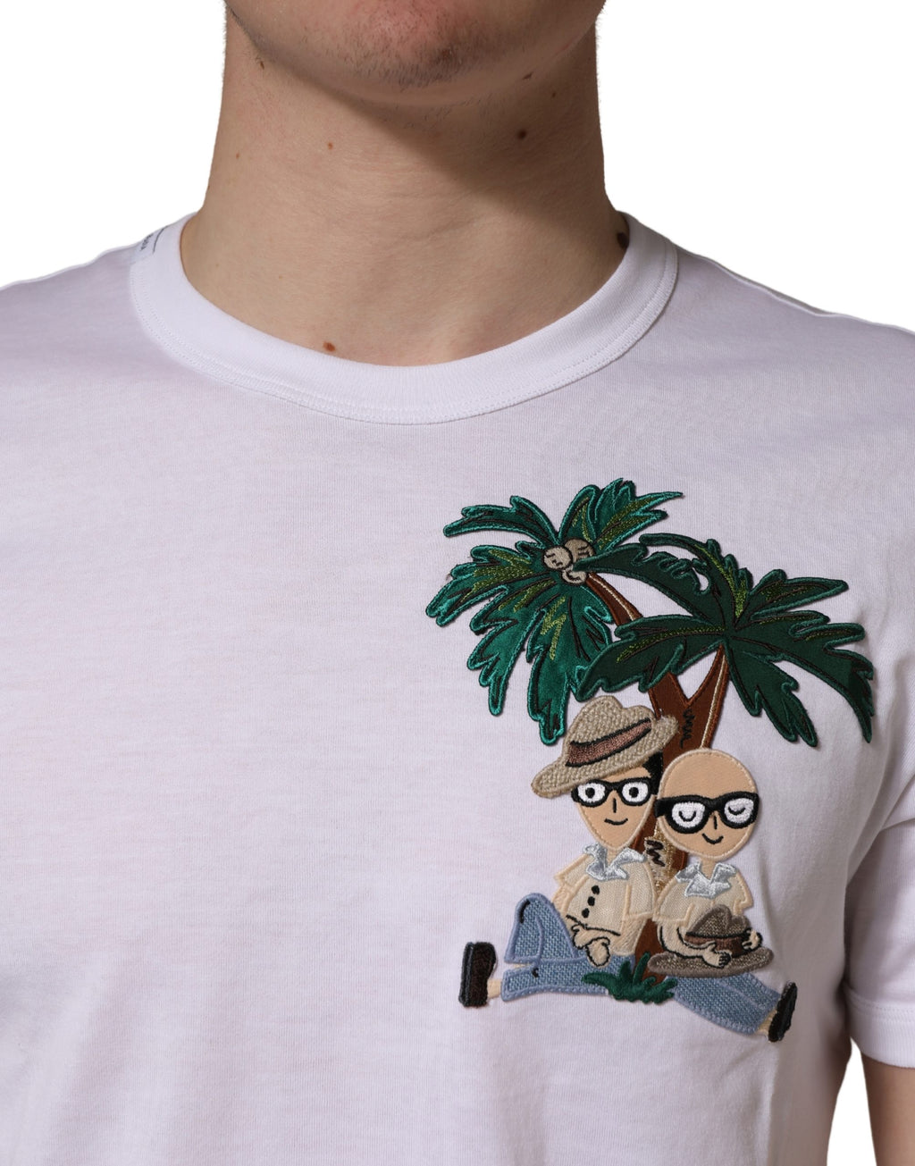 Dolce & Gabbana Men's White T-Shirt with Palm Embroidery and Crew Neck