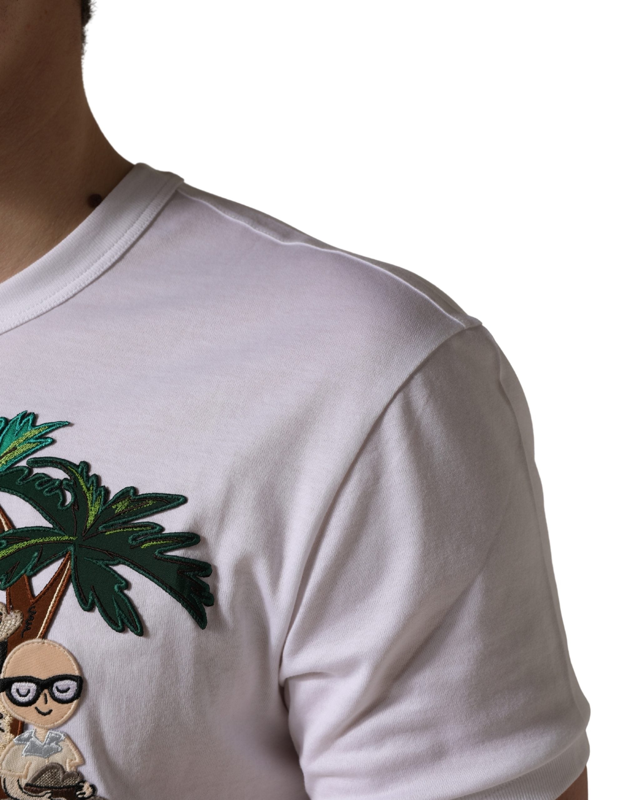 Dolce & Gabbana Men's White T-Shirt with Palm Embroidery and Crew Neck