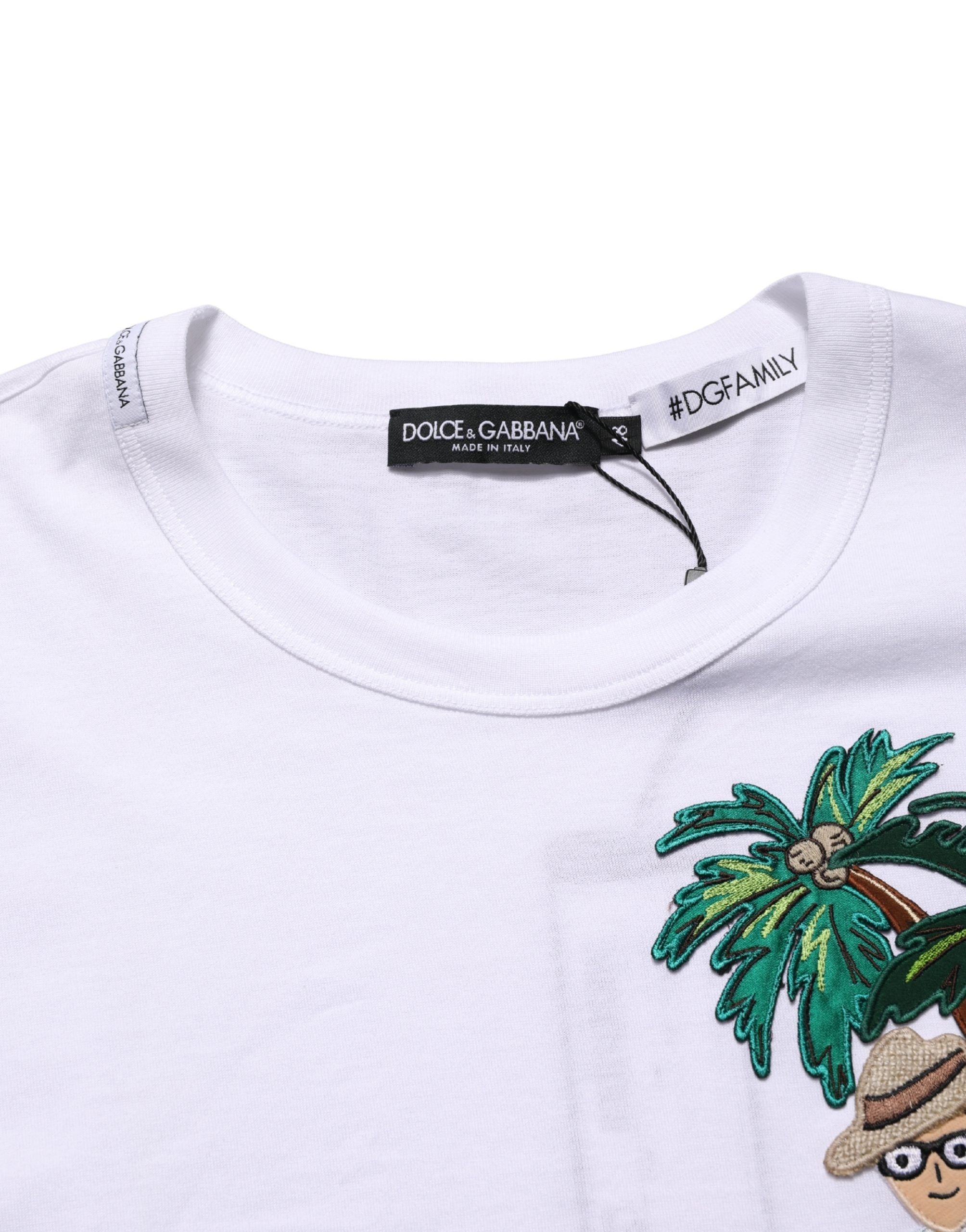 Dolce & Gabbana Men's White T-Shirt with Palm Embroidery and Crew Neck