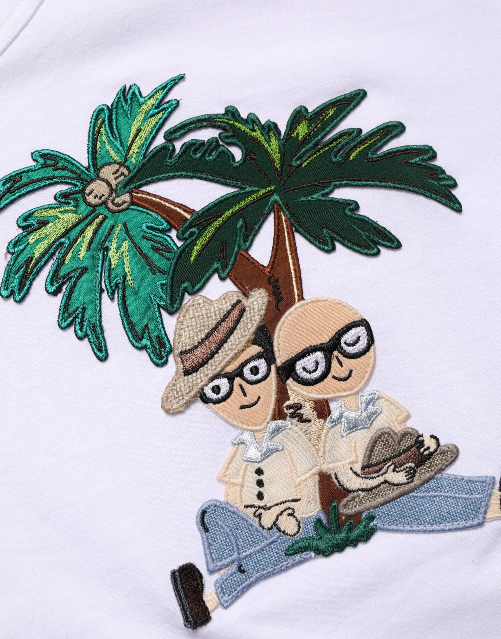 Dolce & Gabbana Men's White T-Shirt with Palm Embroidery and Crew Neck