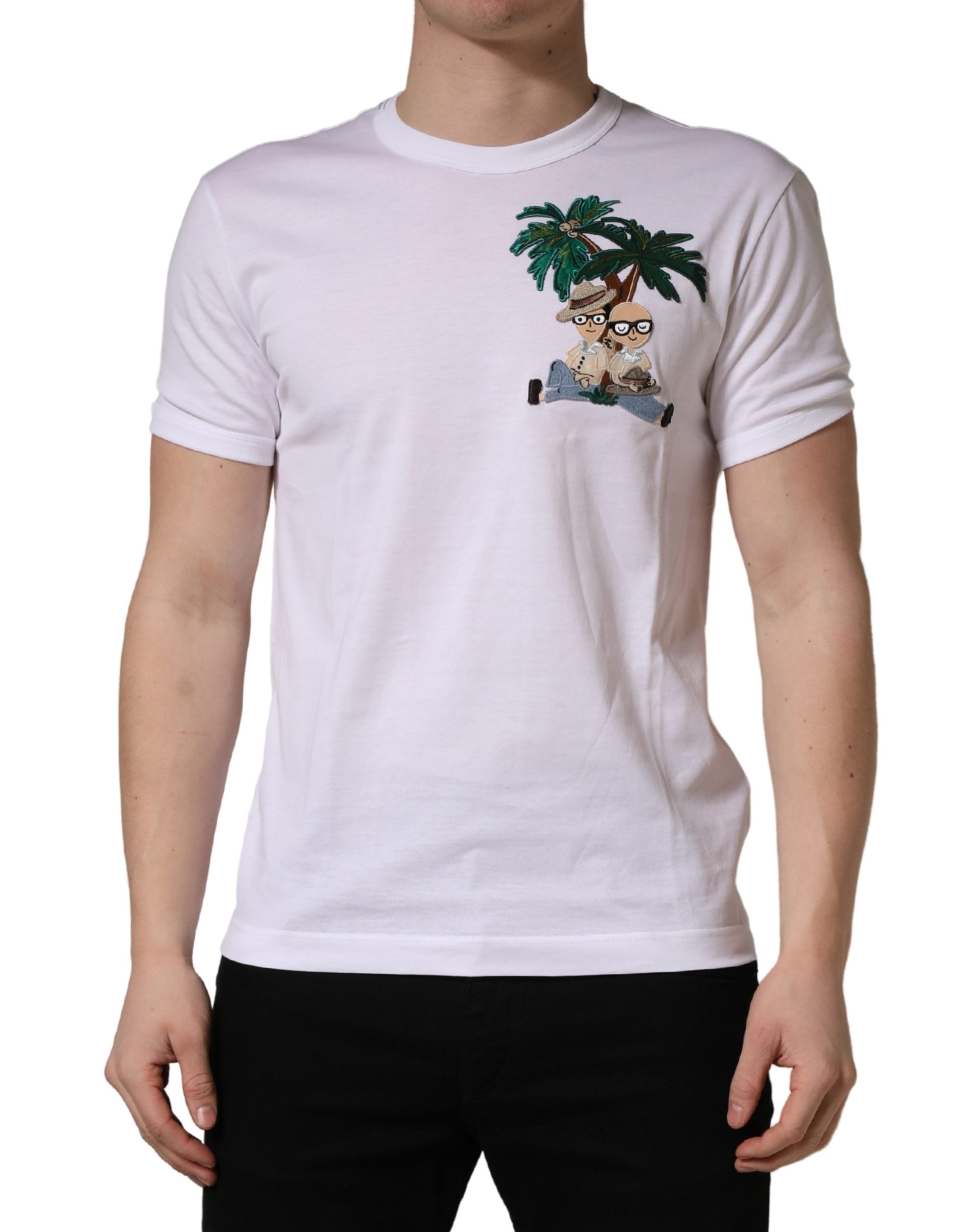 Dolce & Gabbana Men's White T-Shirt with Palm Embroidery and Crew Neck