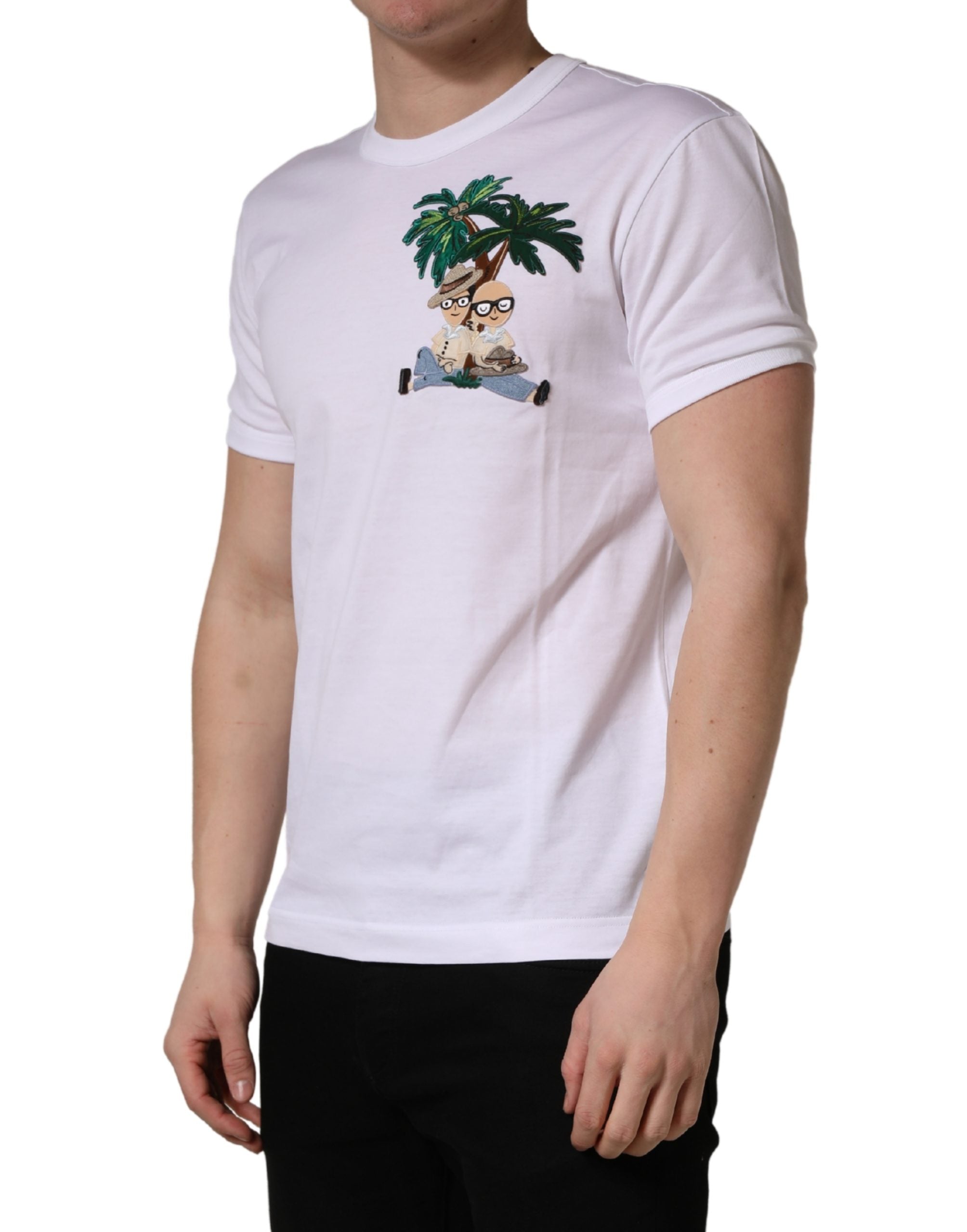 Dolce & Gabbana Men's White T-Shirt with Palm Embroidery and Crew Neck