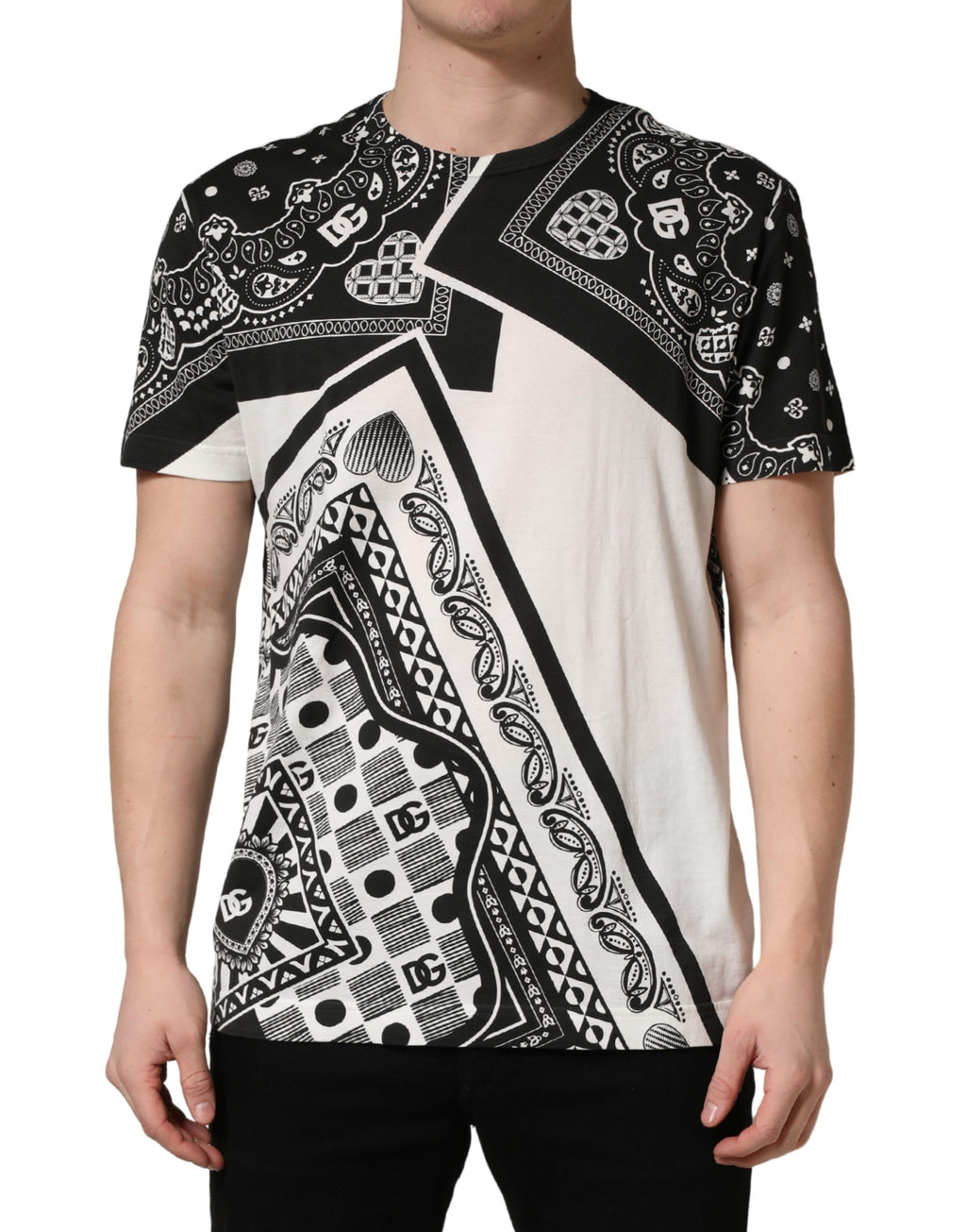 Dolce & Gabbana Schwarzes und weißes Bandana-T-Shirt aus Baumwolle mit Rundhalsausschnitt