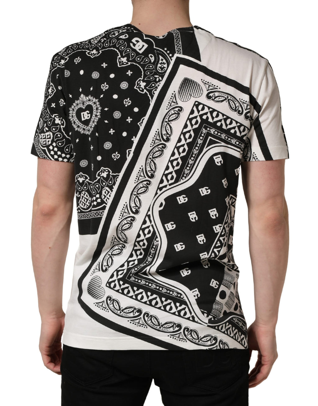 Dolce & Gabbana Schwarzes und weißes Bandana-T-Shirt aus Baumwolle mit Rundhalsausschnitt