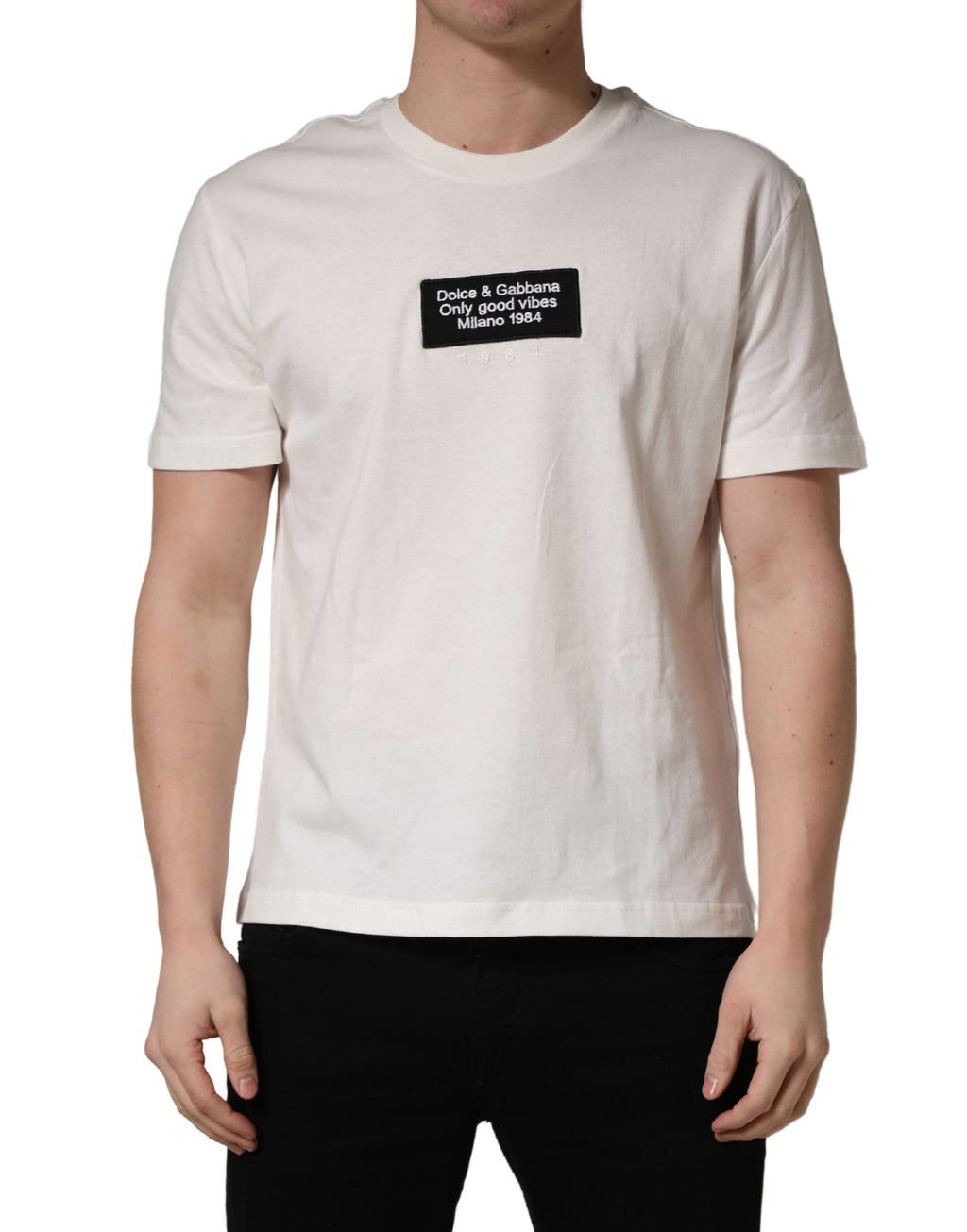 Dolce & Gabbana Men's White Cotton T-Shirt with Logo Patch, Crew Neck
