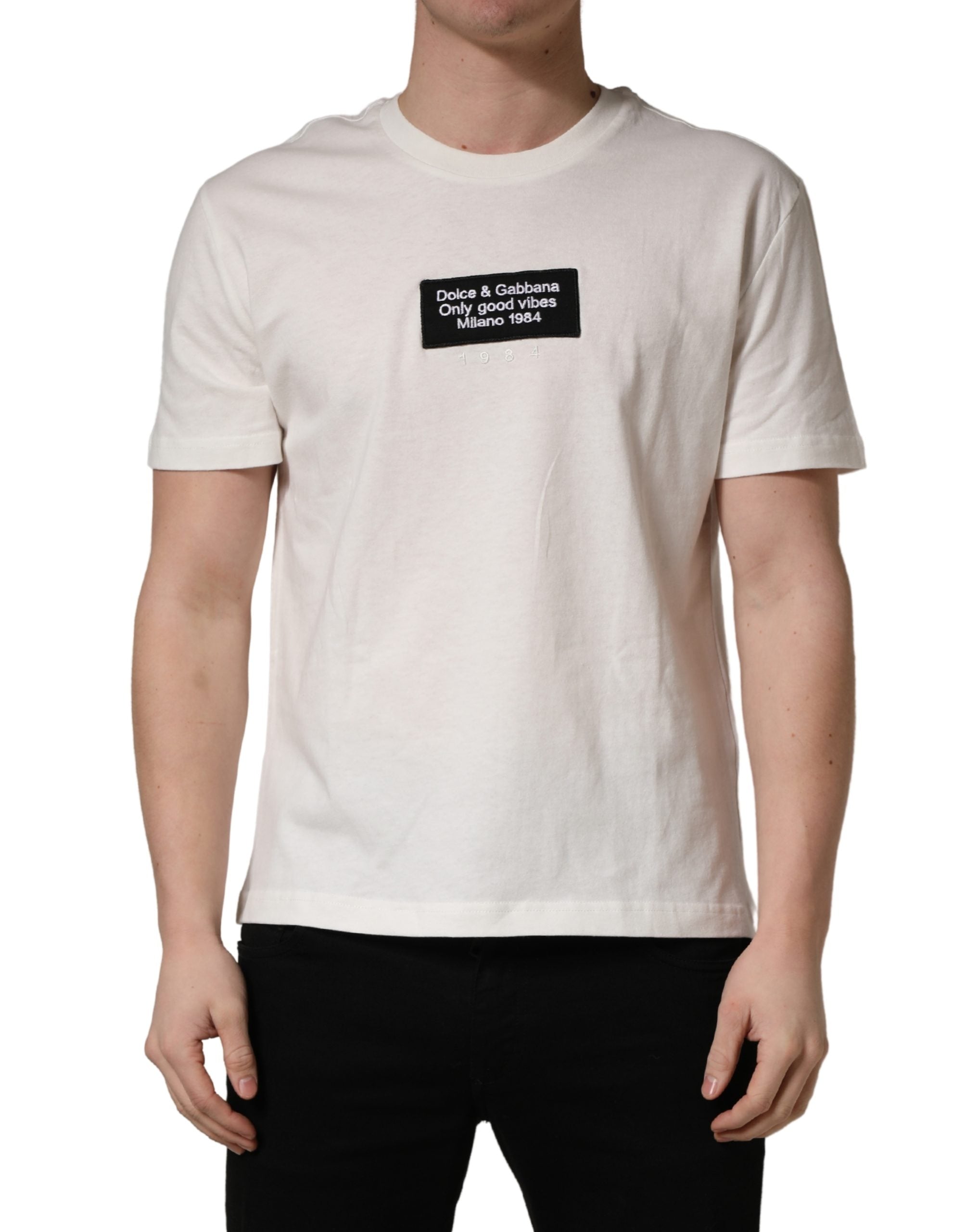 Dolce & Gabbana Men's White Cotton T-Shirt with Logo Patch, Crew Neck