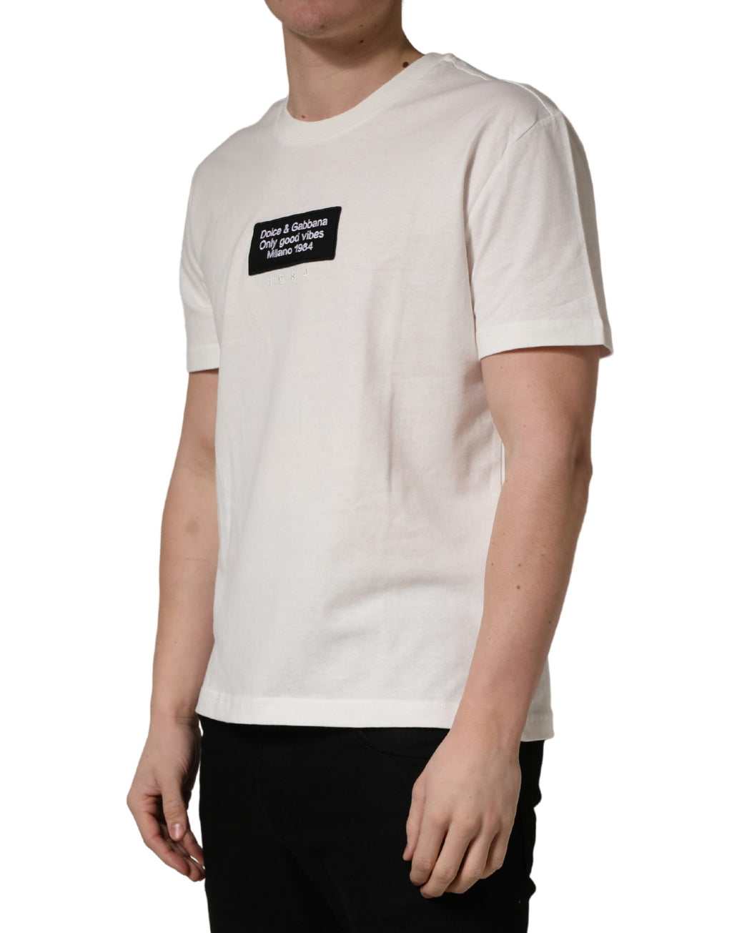 Dolce & Gabbana Men's White Cotton T-Shirt with Logo Patch, Crew Neck
