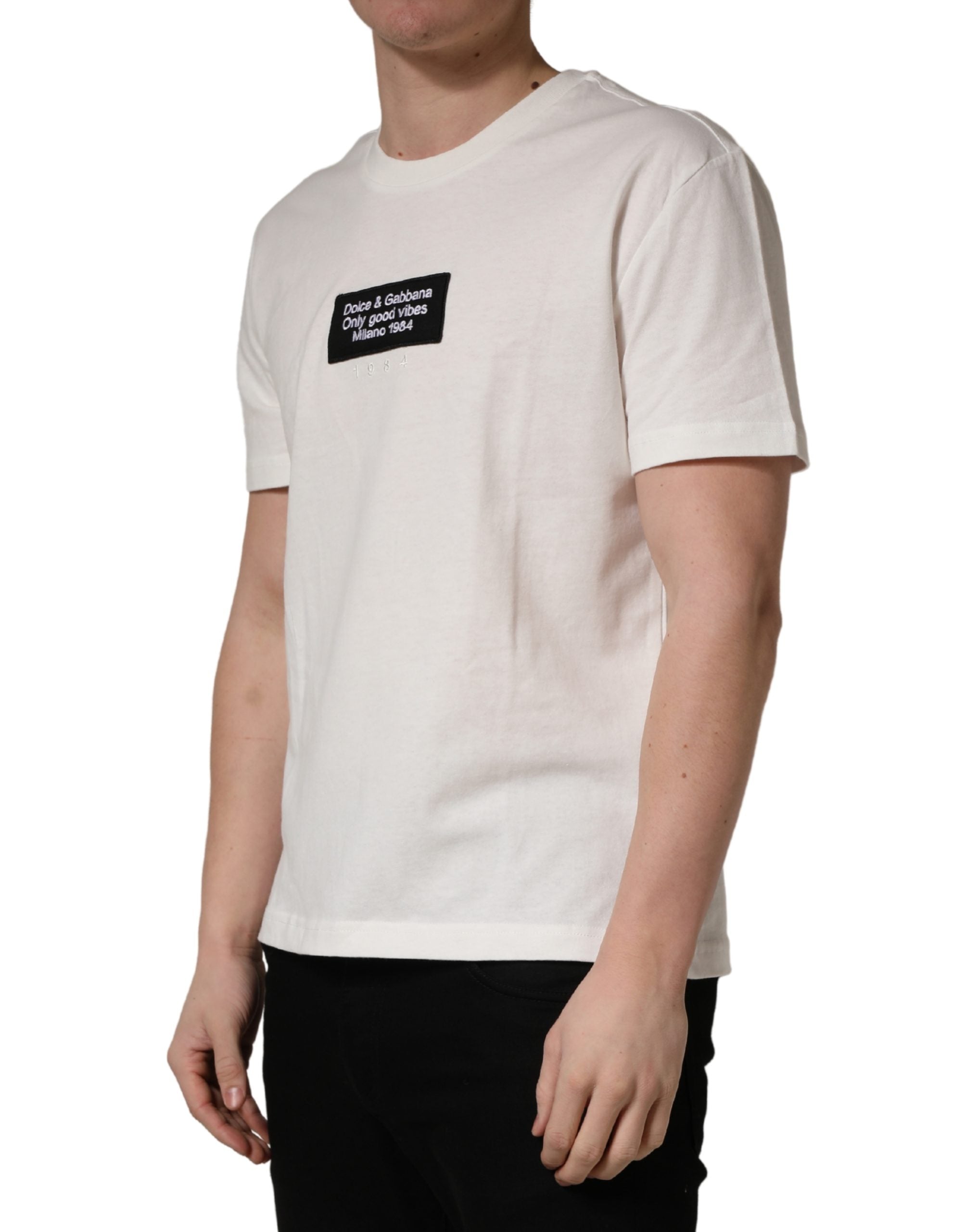Dolce & Gabbana Men's White Cotton T-Shirt with Logo Patch, Crew Neck