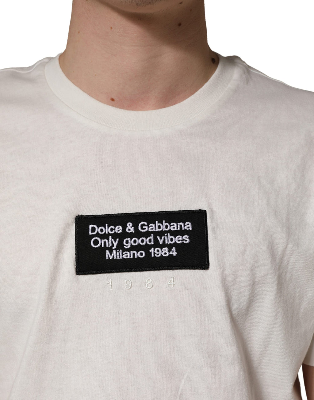Dolce & Gabbana Men's White Cotton T-Shirt with Logo Patch, Crew Neck