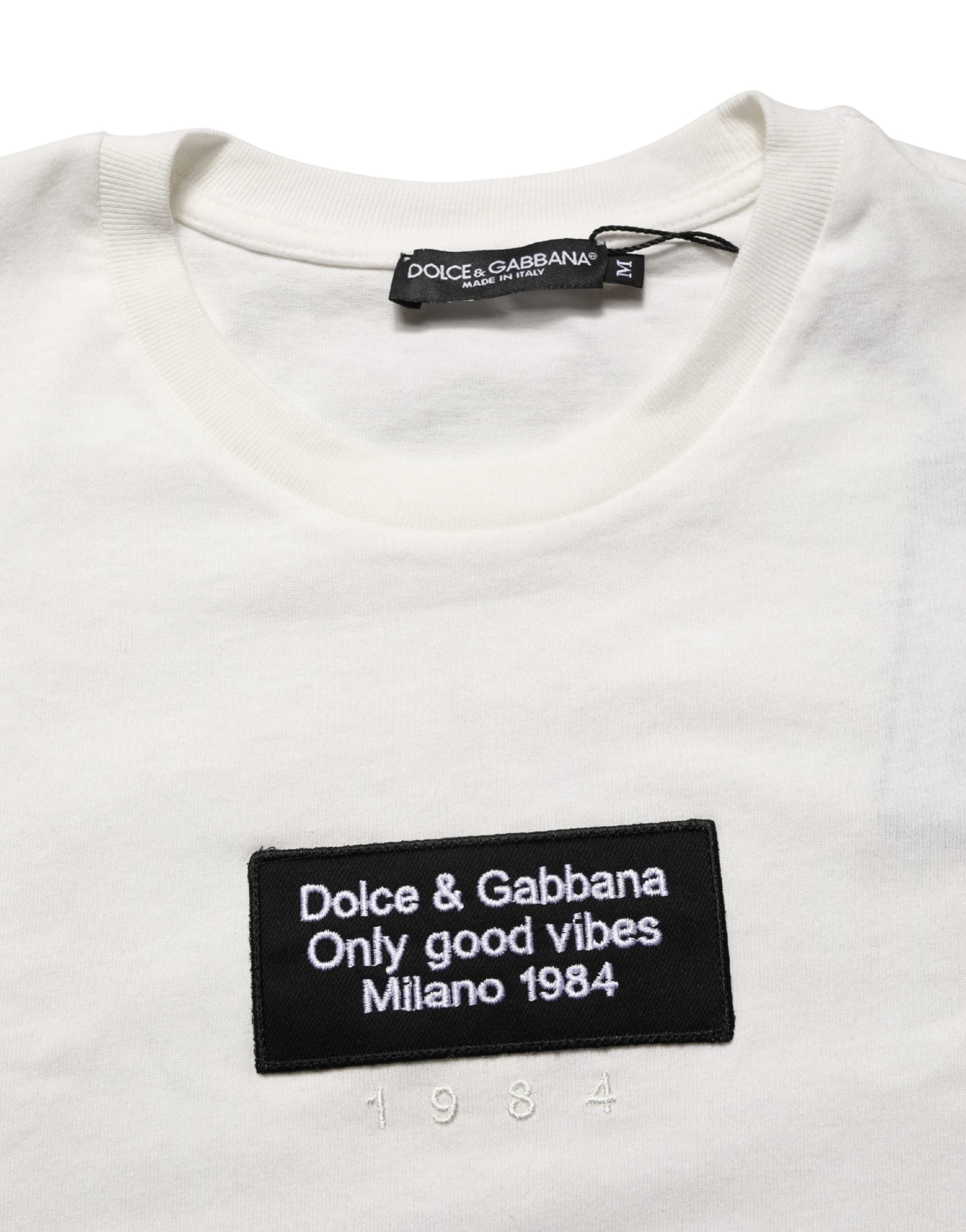 Dolce & Gabbana Men's White Cotton T-Shirt with Logo Patch, Crew Neck