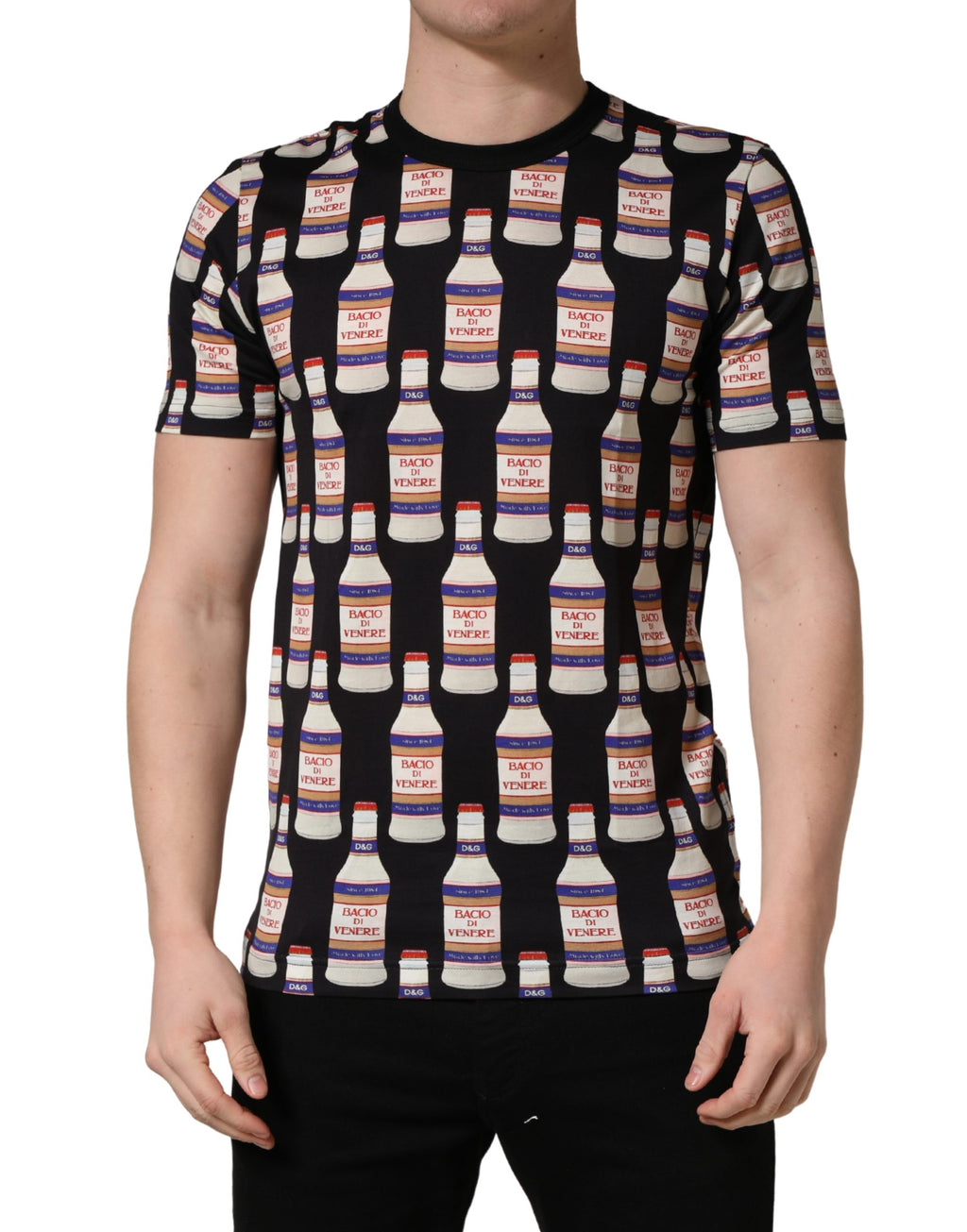 Dolce & Gabbana Schwarzes T-Shirt aus Baumwolle mit Rundhalsausschnitt und Flaschen-Print
